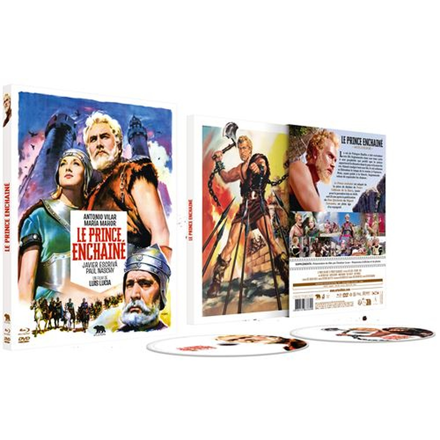 DVD-hoes met filmposter: Een bebaarde man in harnas naast een vrouw. Een kasteel op de achtergrond.