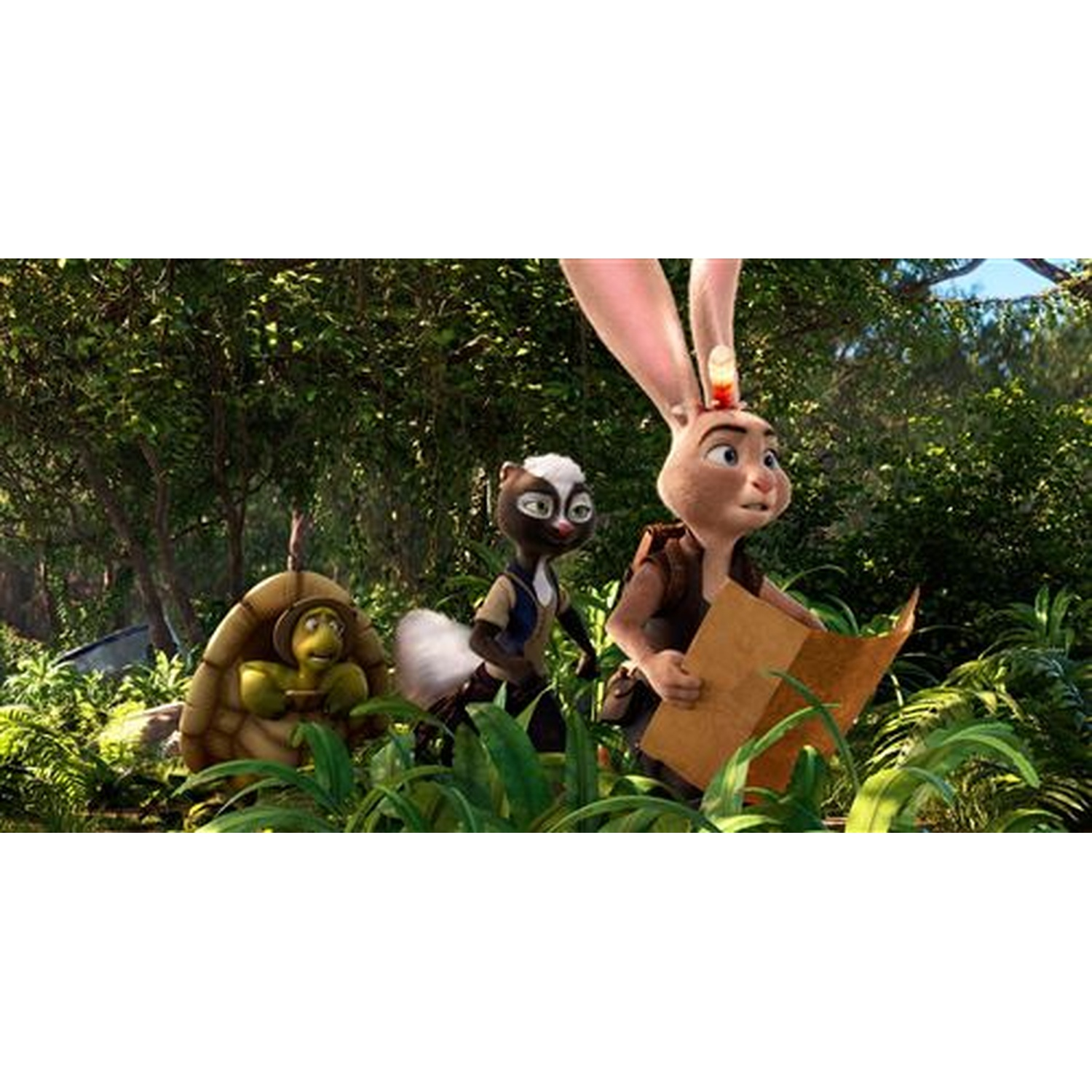 Un lapin avec une carte, un mouffette et une tortue dans la jungle.