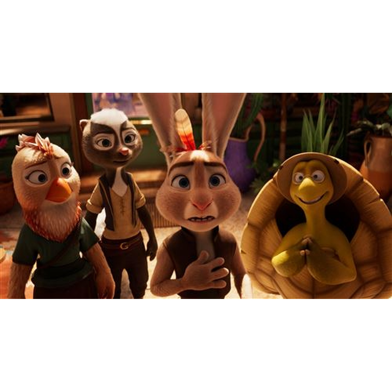 Quatre animaux animés se tiennent ensemble : un poulet, un mouffette, un lapin et une tortue.
