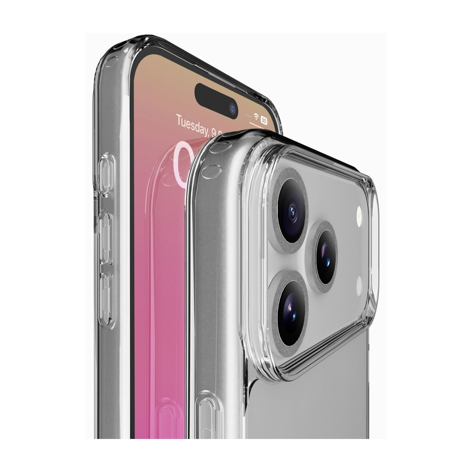 Una cover trasparente protegge uno smartphone con tre fotocamere.
