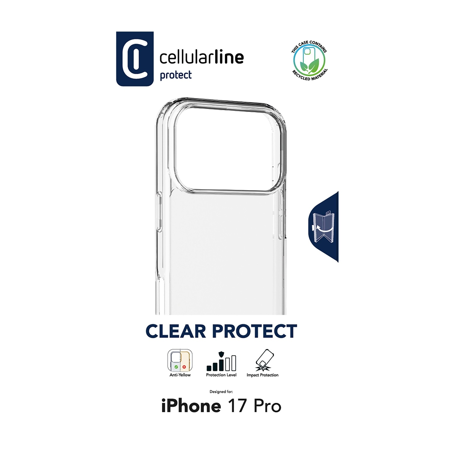 Custodia trasparente iPhone 17 Pro Cellularline con logo materiale riciclato.