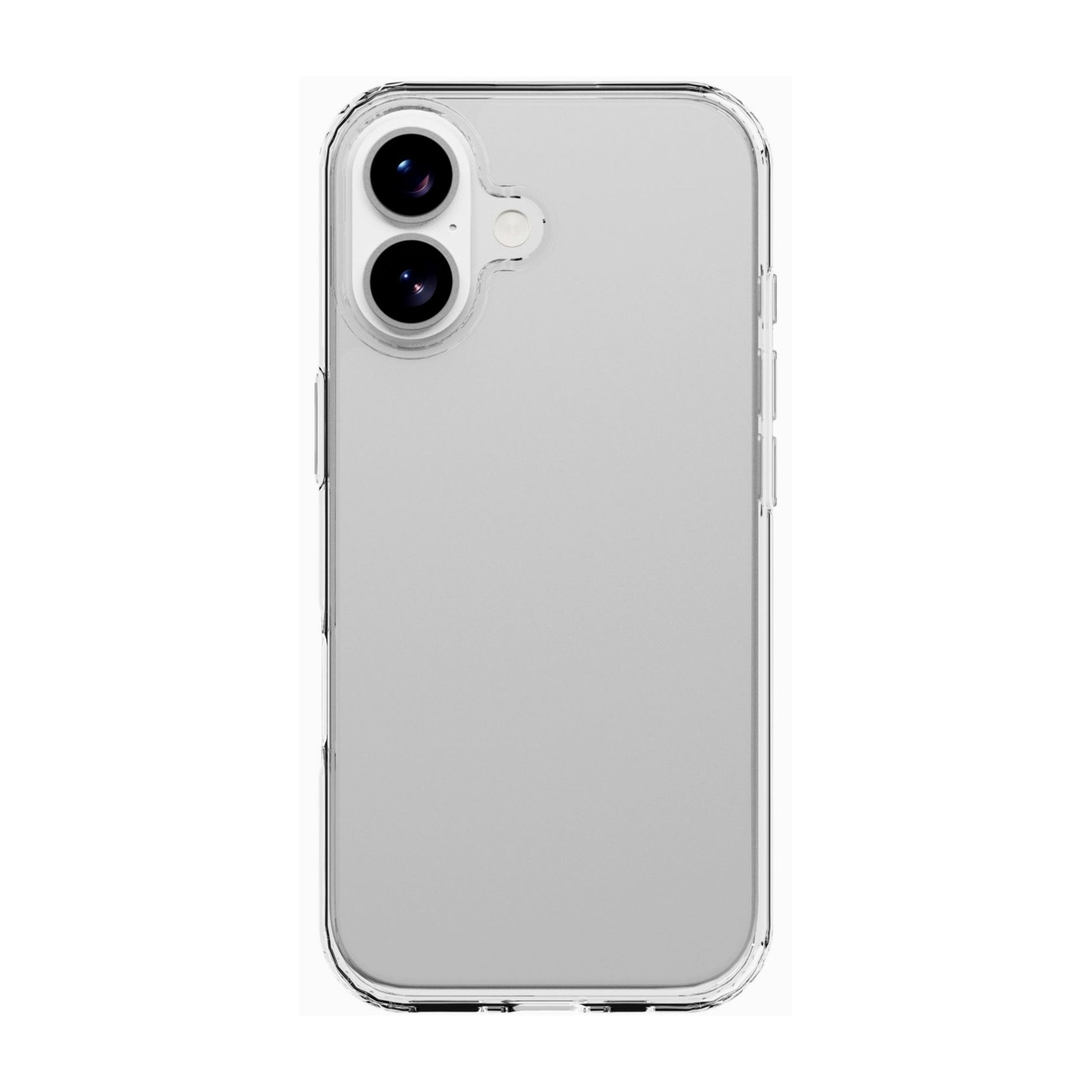 Una custodia trasparente per telefono con due obiettivi della fotocamera in alto a sinistra.