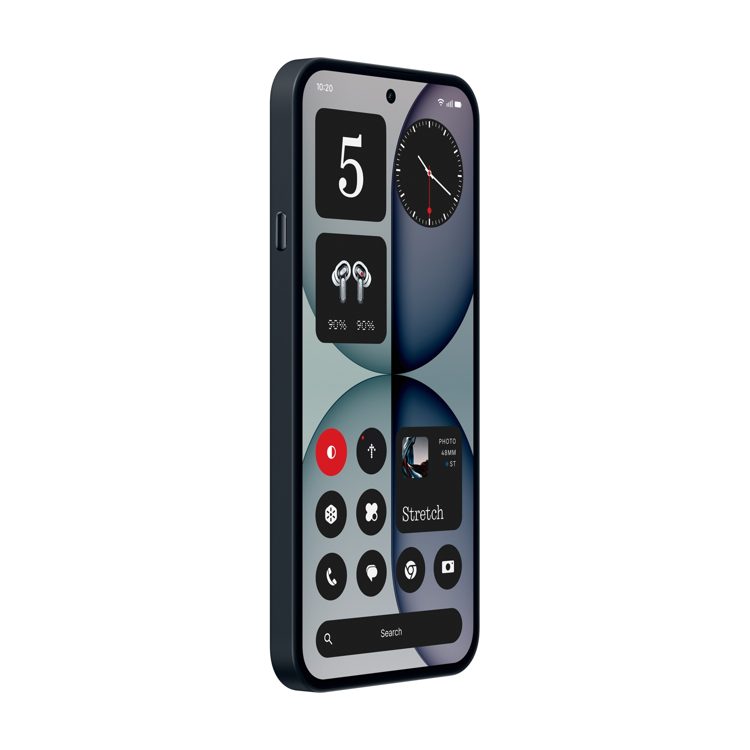 Uno smartphone mostra widget: orologio, auricolari, numero 5 e icone app.