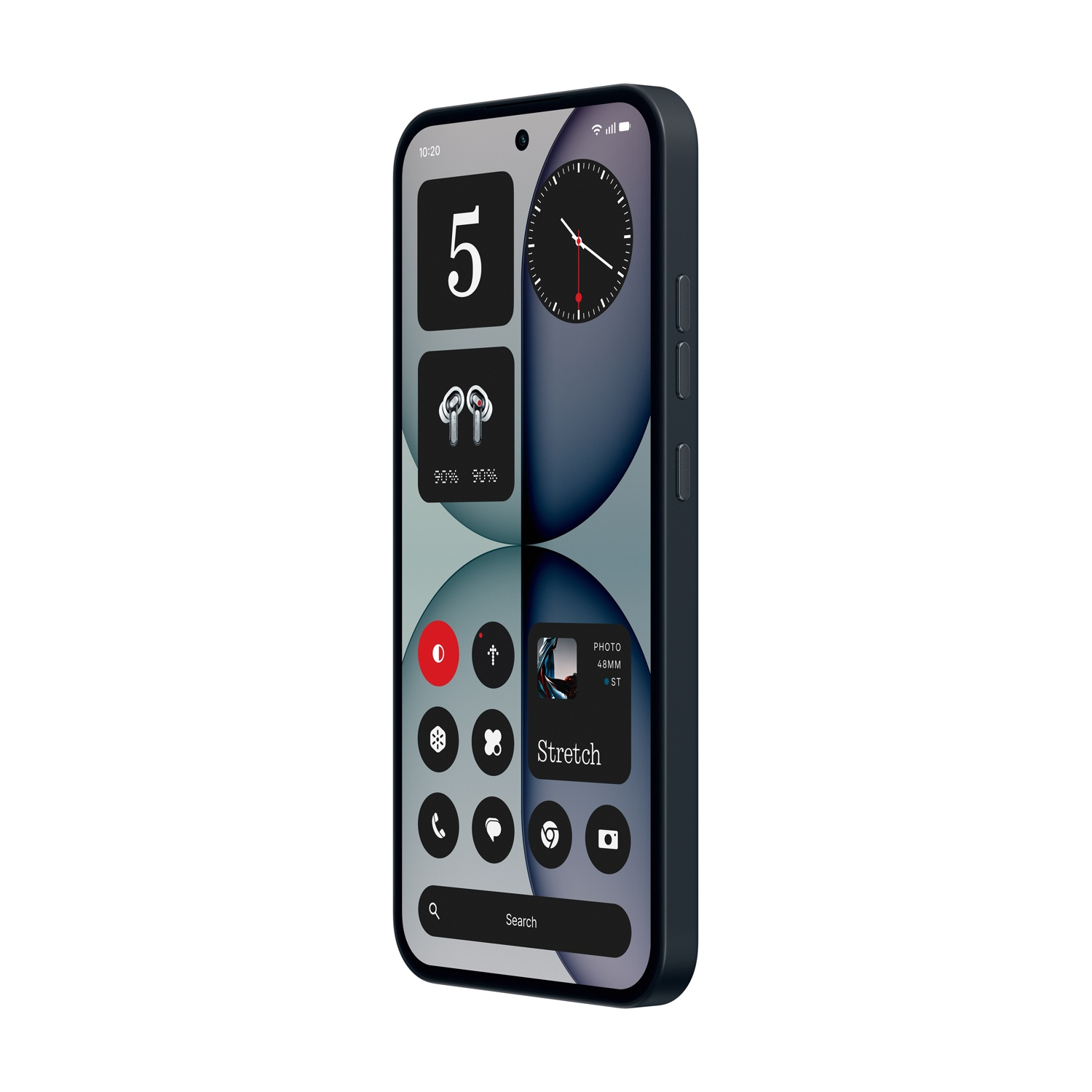 Uno smartphone scuro mostra una schermata home colorata con widget e icone.