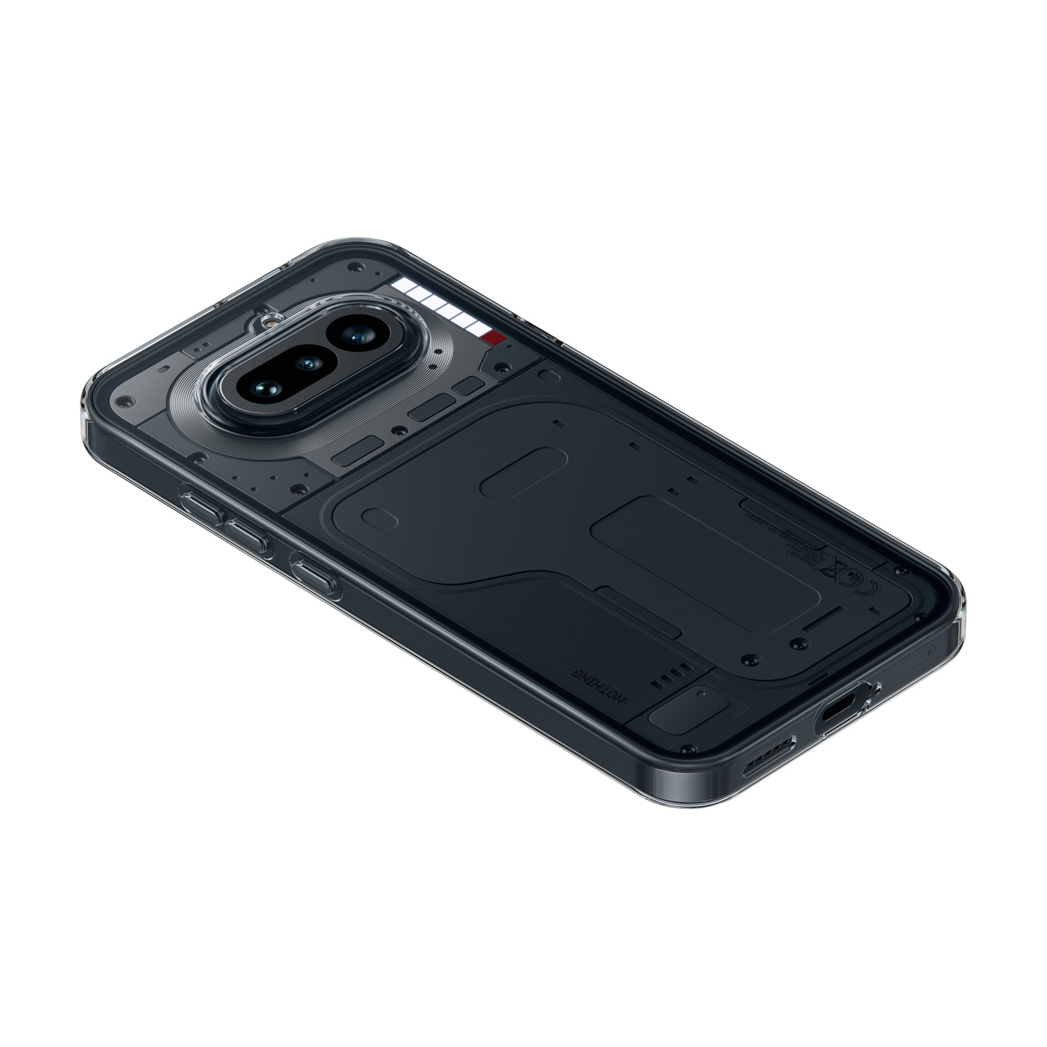 Una cover scura e trasparente per telefono che mostra componenti interni e fotocamera.