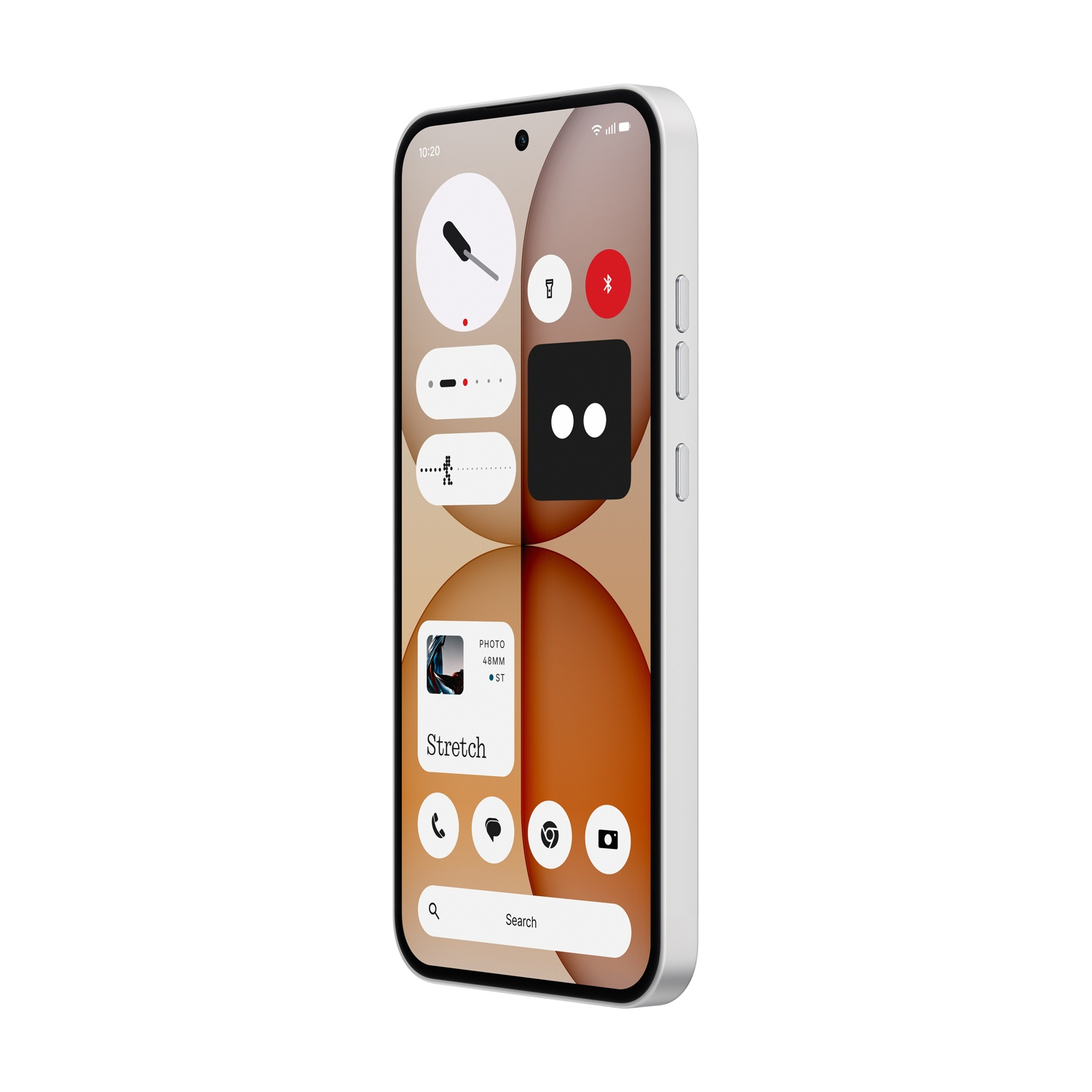 Uno smartphone con widget e icone di app su uno schermo luminoso.