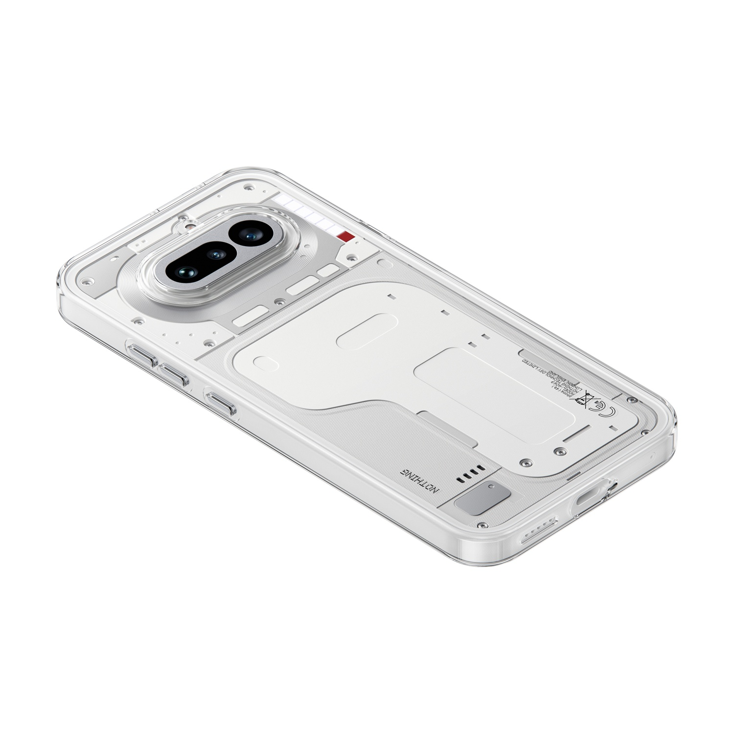 Custodia trasparente con interno bianco del telefono e doppia fotocamera.