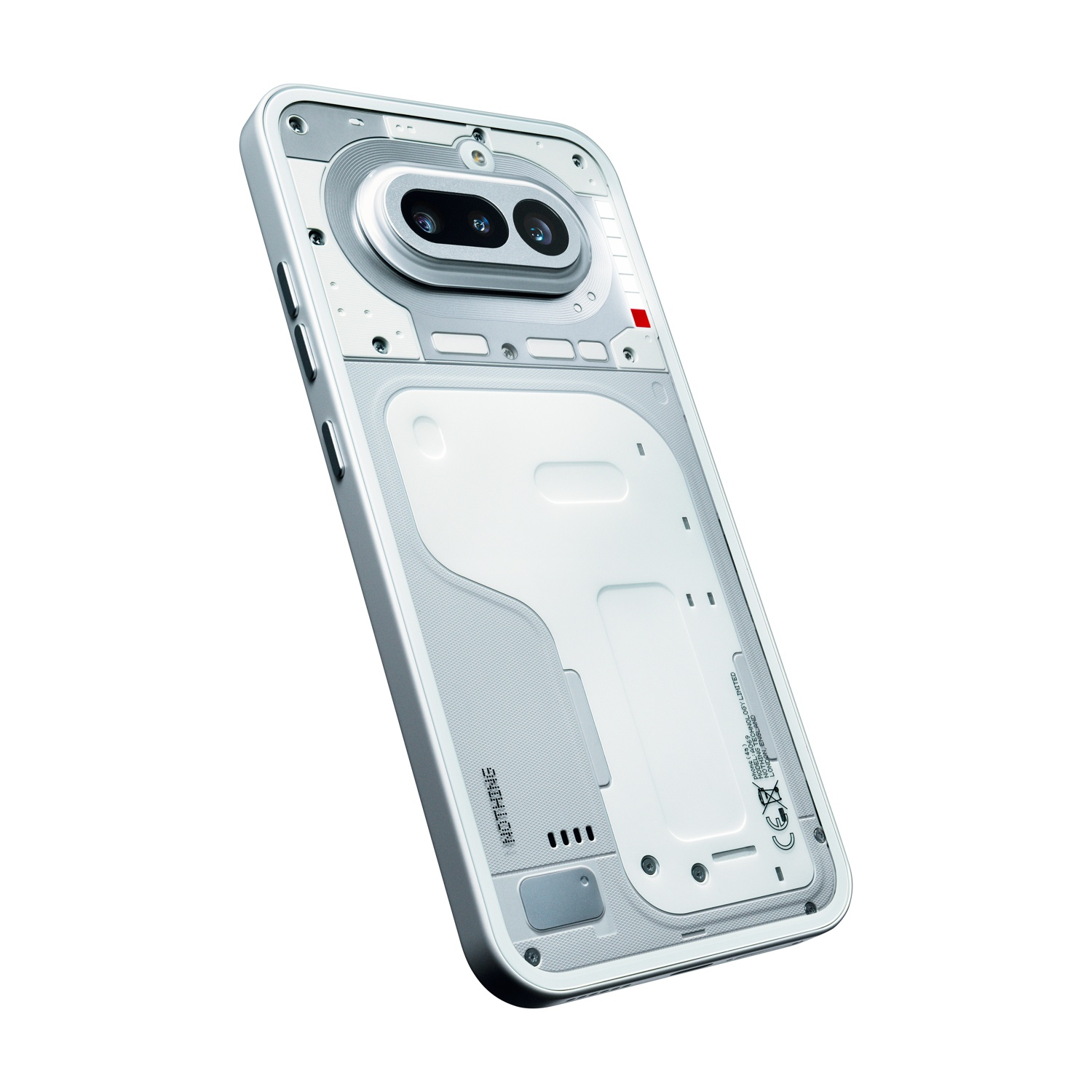 Retro di uno smartphone bianco con componenti interni e doppia fotocamera.