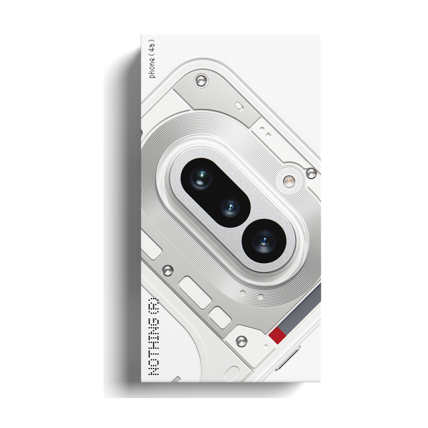Confezione bianca per smartphone con dettagli fotocamera e testo.