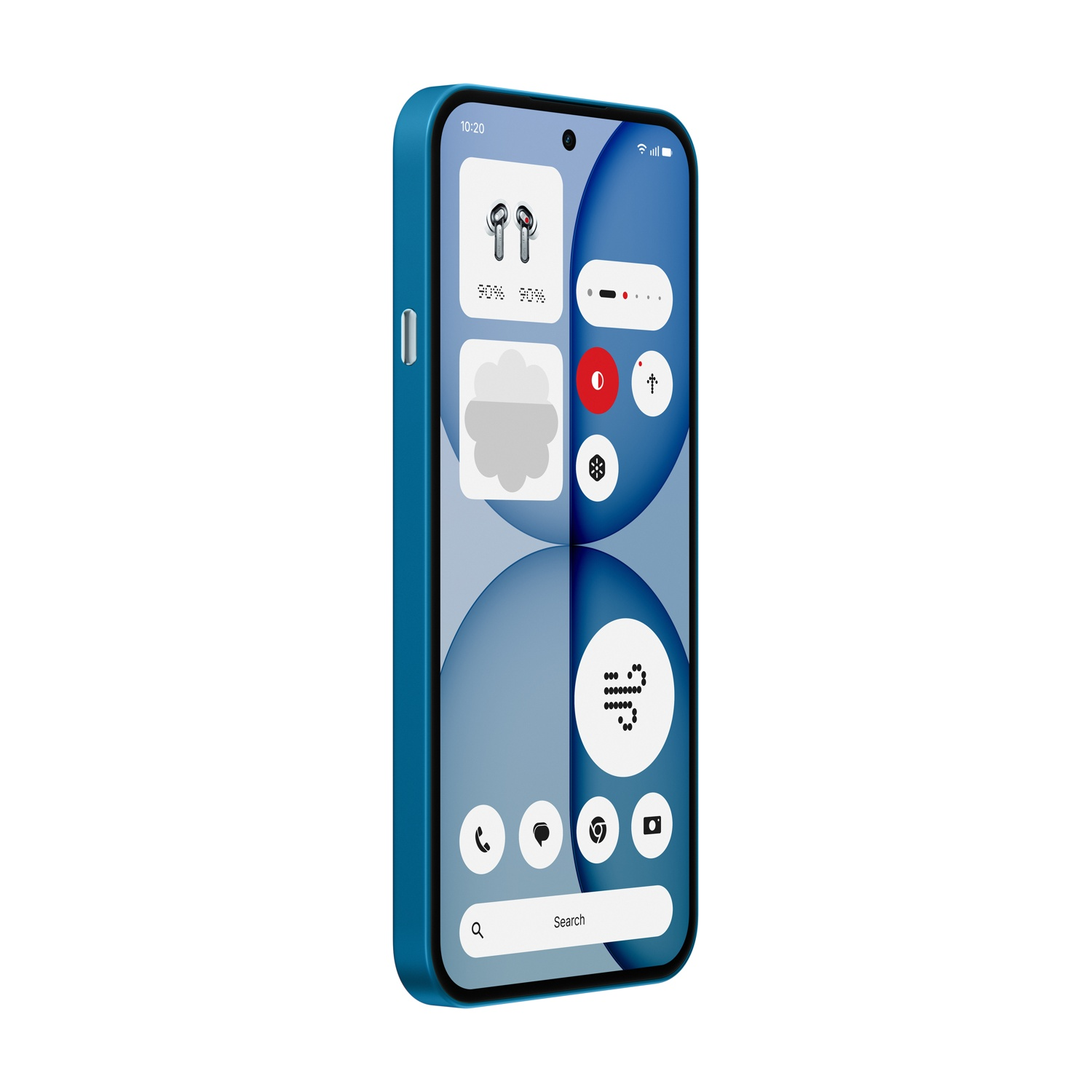 Smartphone blu mostra auricolari, meteo, chiamate, Chrome, icone fotocamera.
