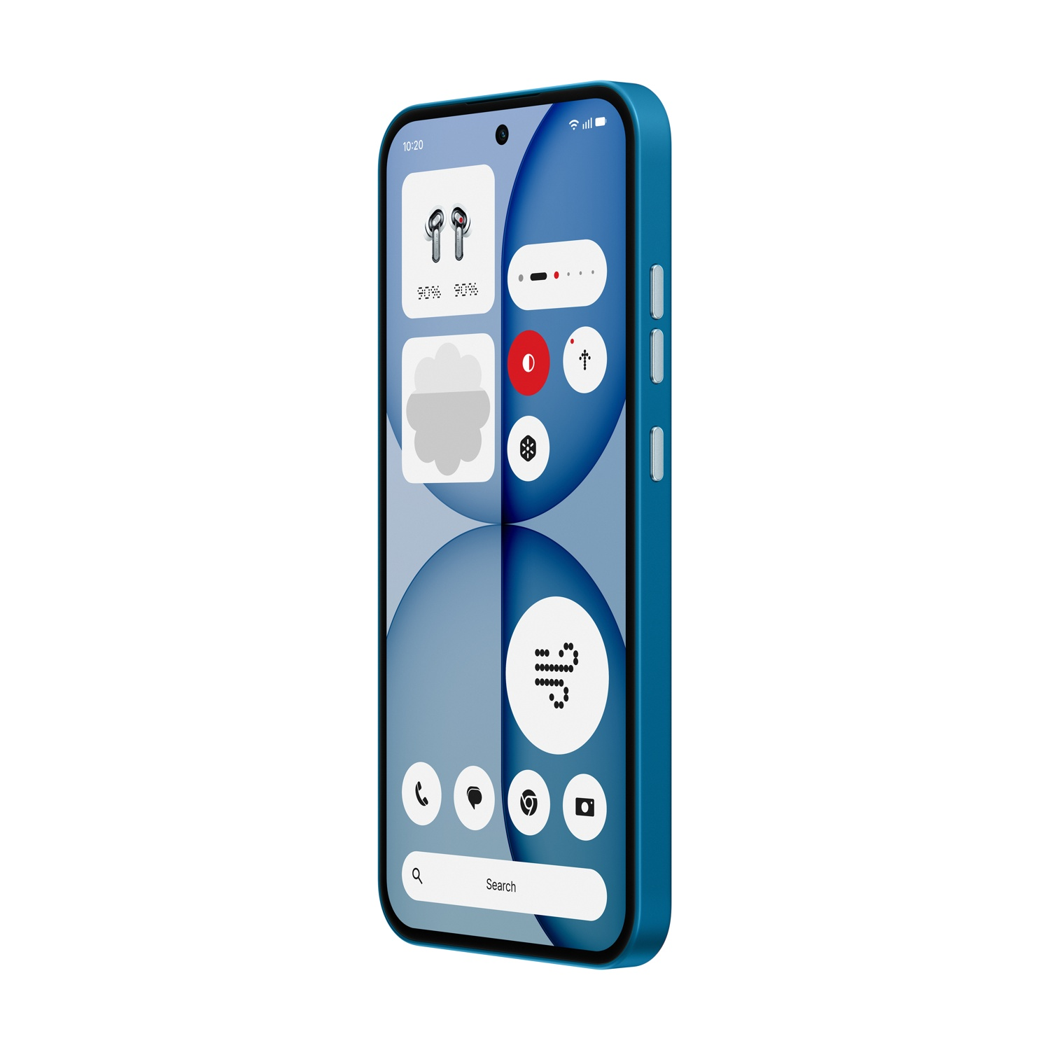 Uno smartphone blu che mostra uno sfondo blu con icone di app.