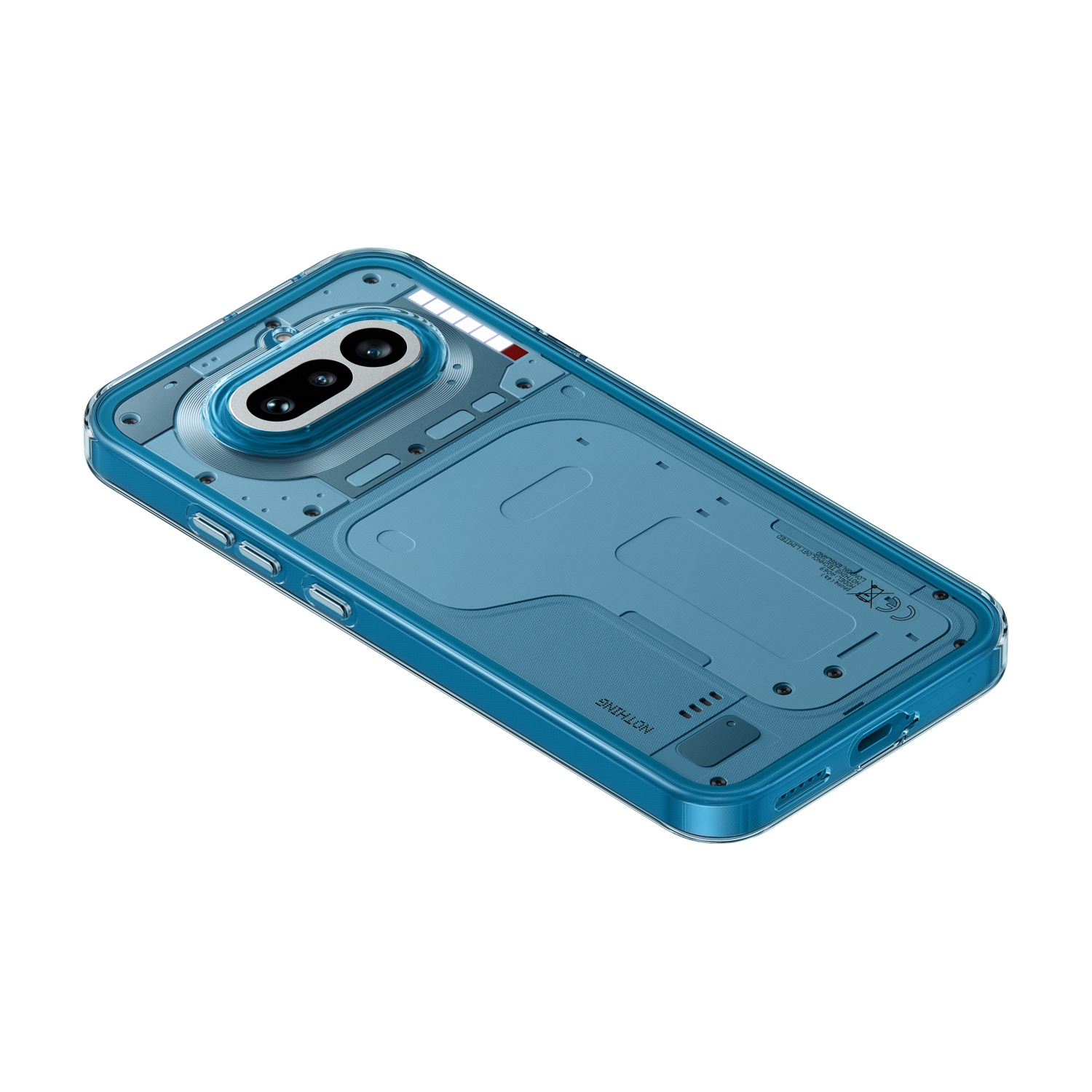 Una custodia blu per telefono con cornice trasparente che mostra i componenti interni.