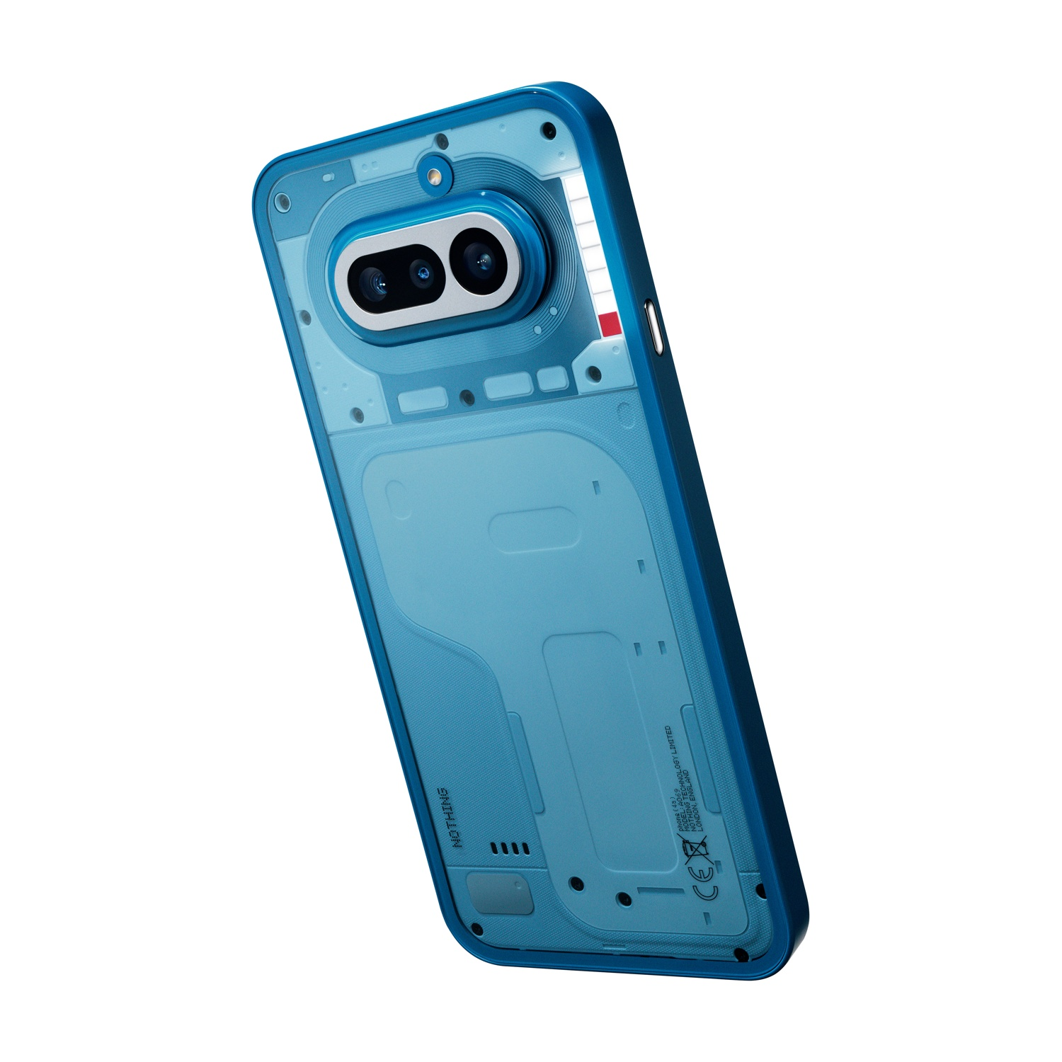 Uno smartphone blu trasparente con doppia fotocamera sul retro.