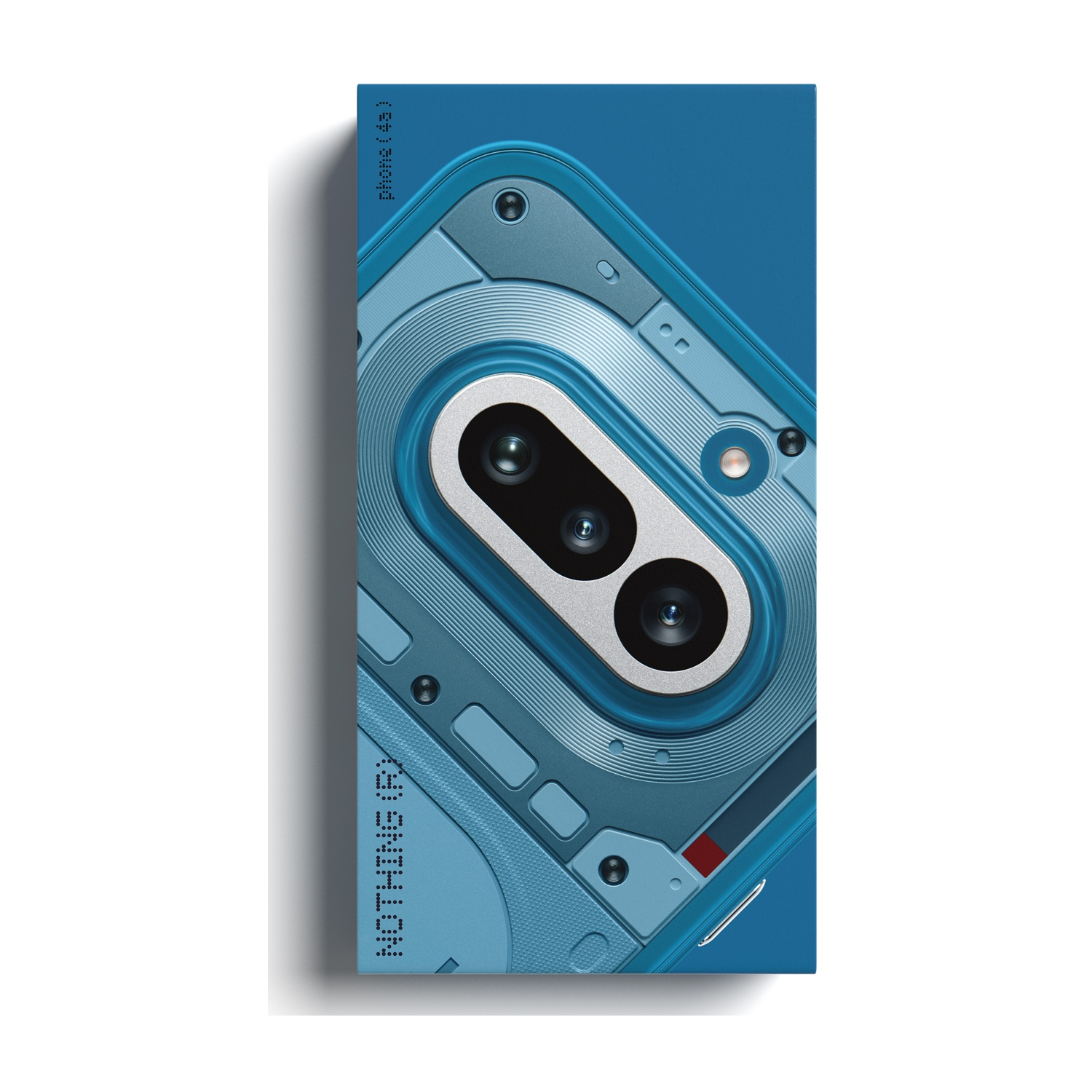 Uno smartphone blu con bordo modulo fotocamera argentato e testo.