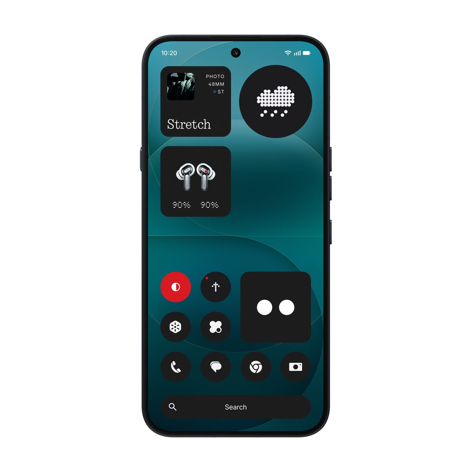 Schermata home smartphone con widget: foto, meteo, cuffie e cartella app.