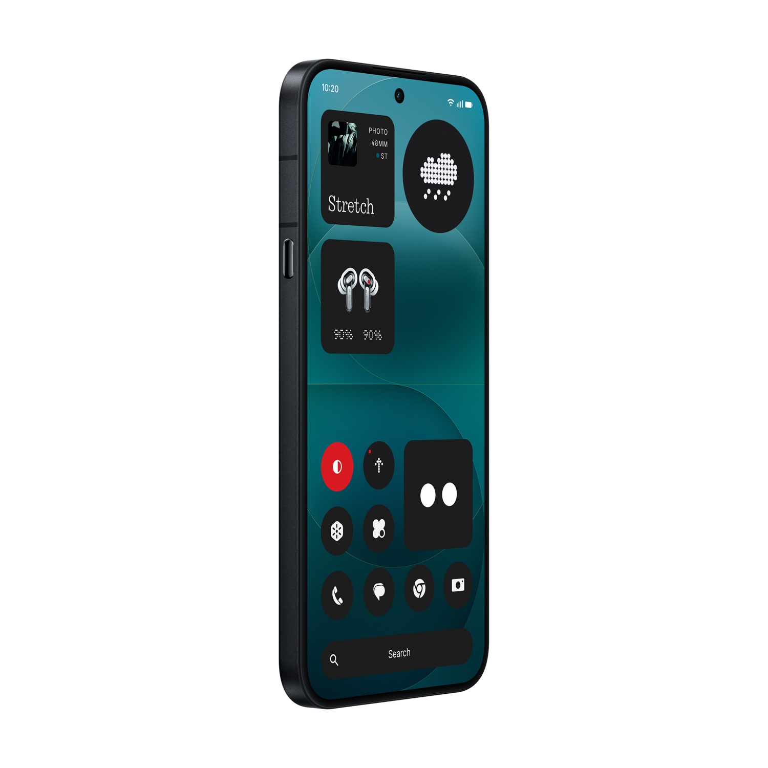 Uno smartphone con sfondo scuro che mostra icone di app e widget.