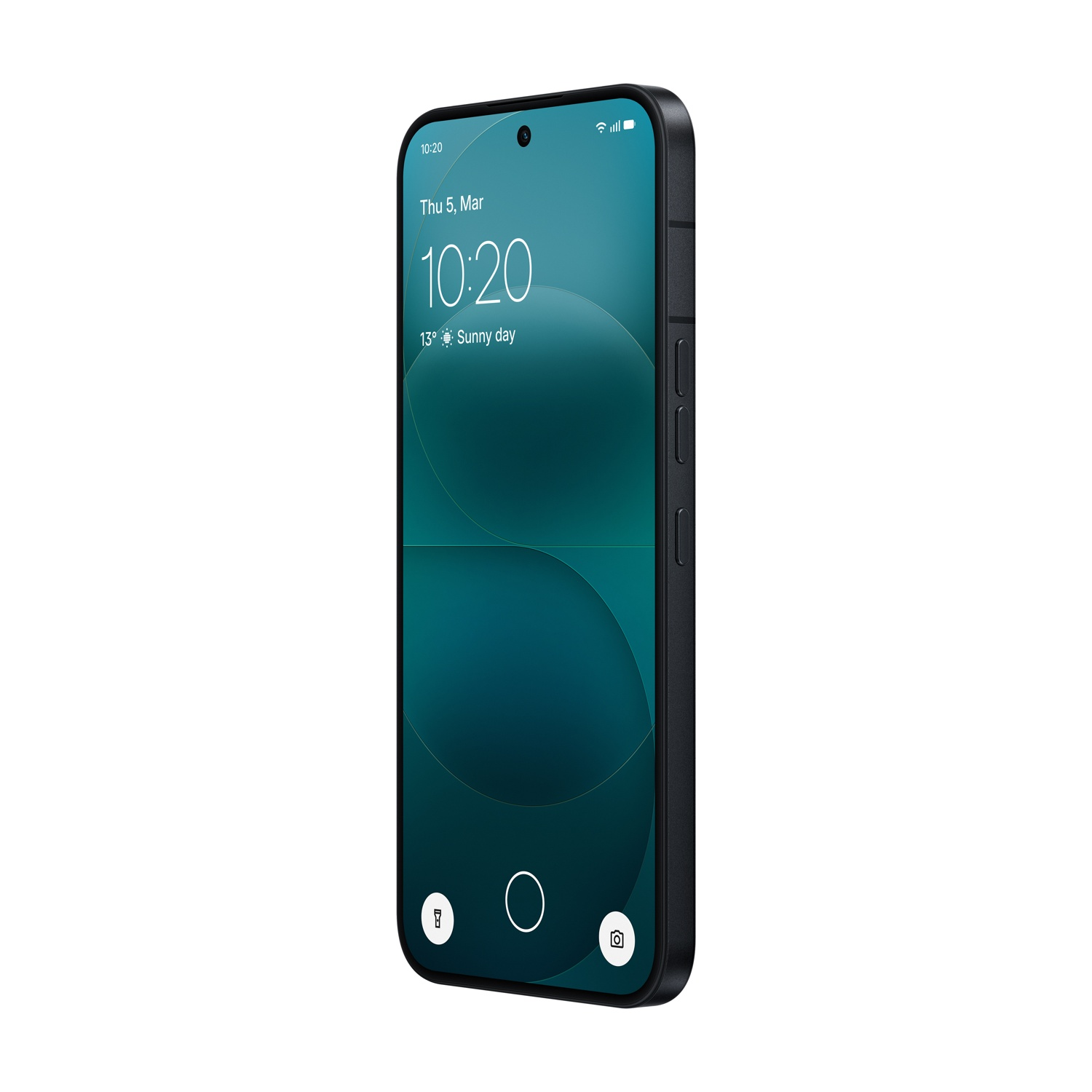 Uno smartphone scuro con uno sfondo blu sulla schermata di blocco.