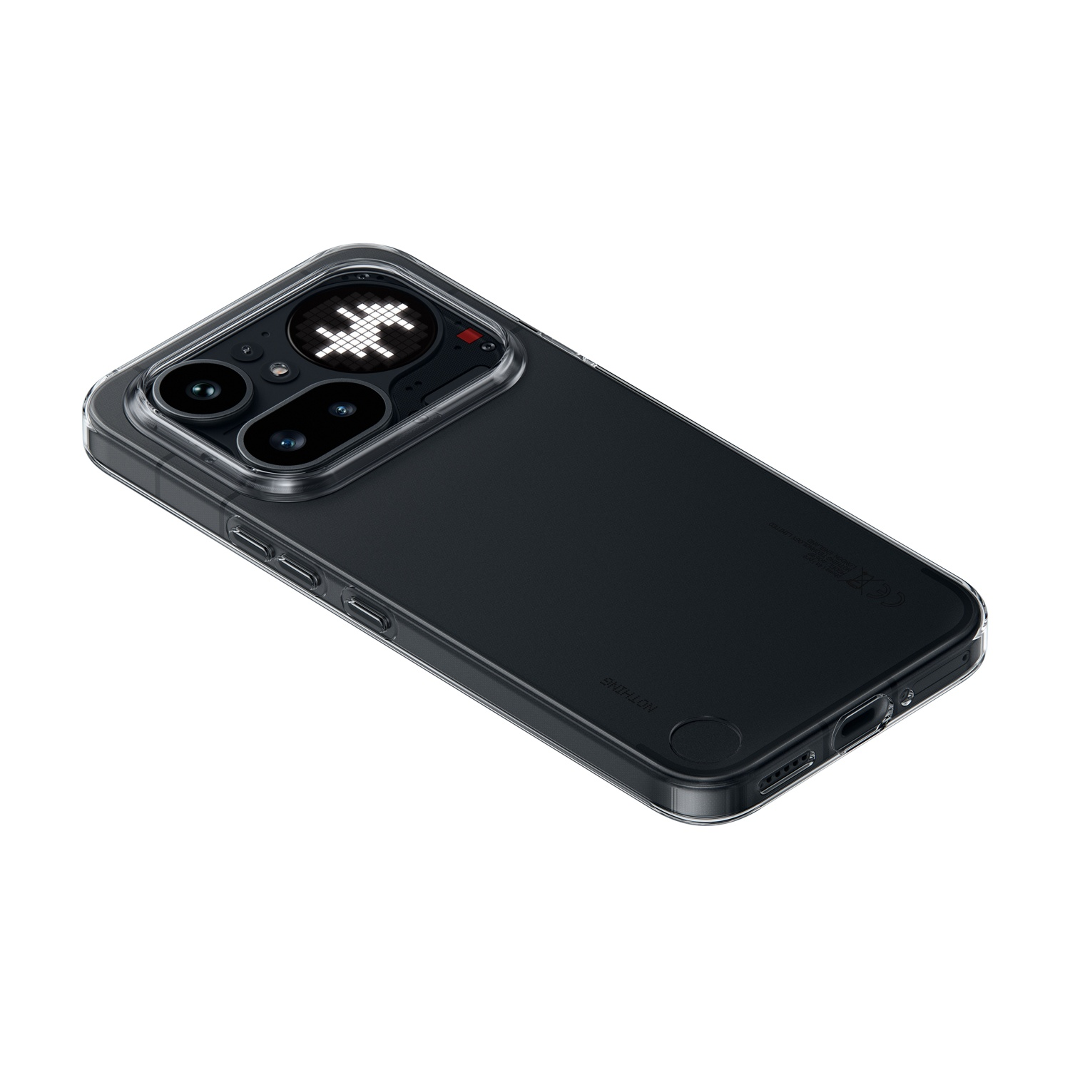 Uno smartphone nero in custodia trasparente, con un motivo luminoso bianco sul retro.