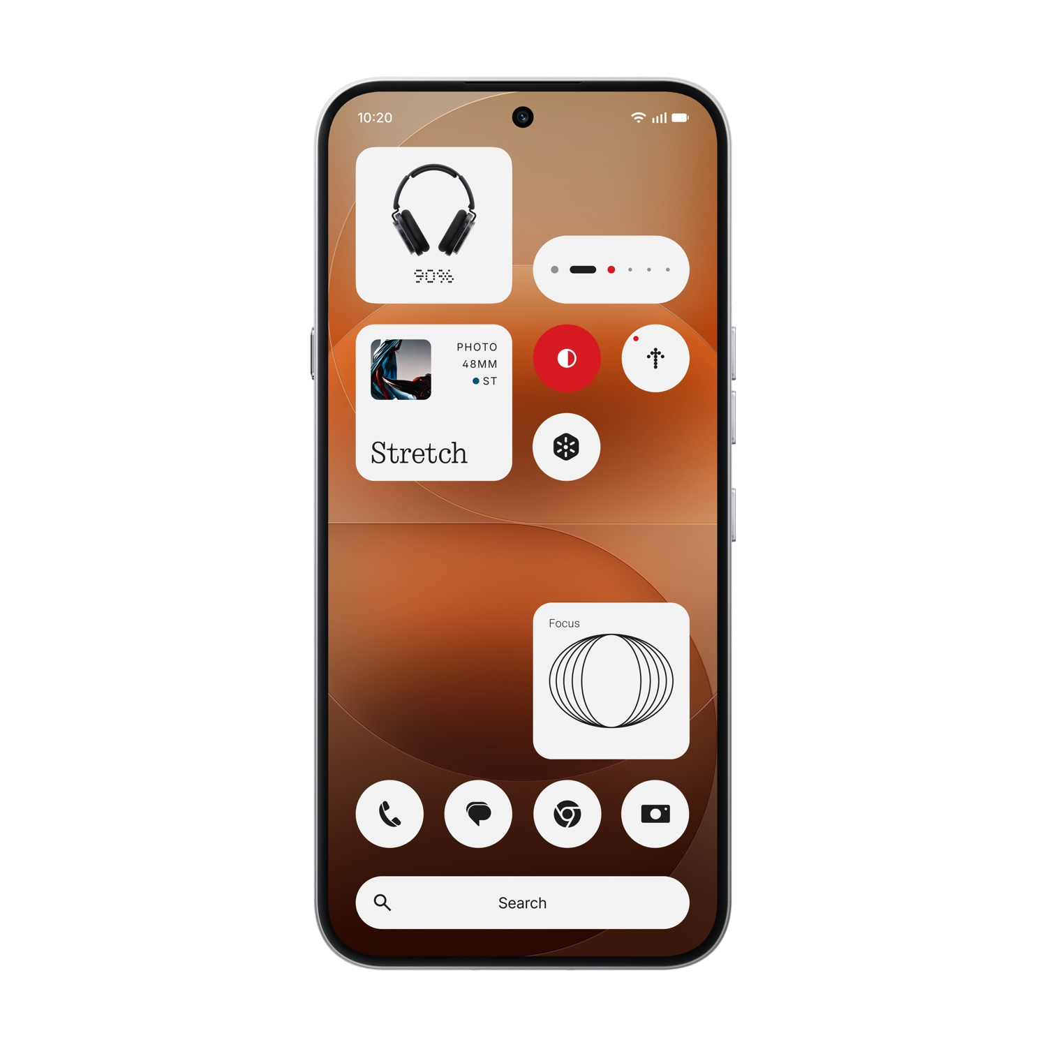 Uno smartphone mostra widget per cuffie, foto, messa a fuoco e controlli.