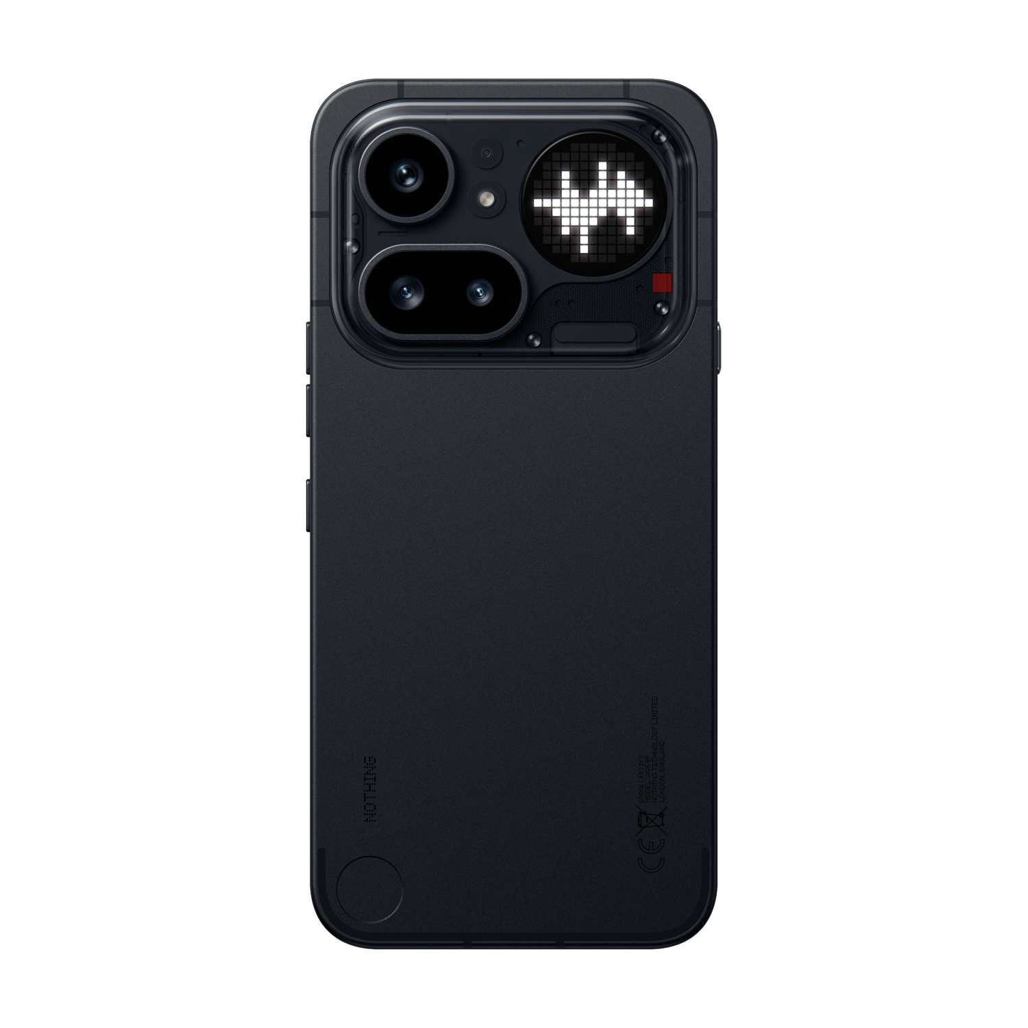 Smartphone nero con doppia fotocamera e motivo luminoso quadrato sul retro.