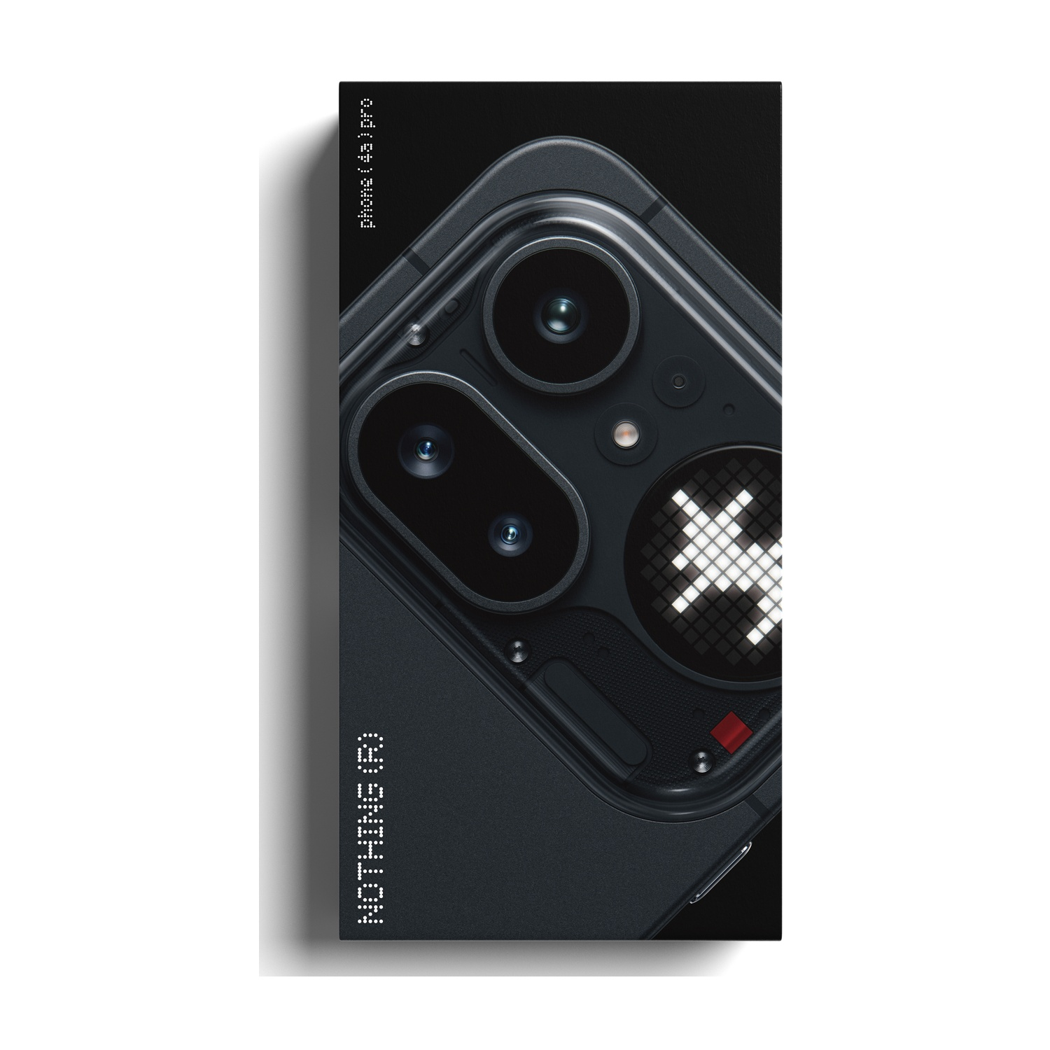 Primo piano del retro di uno smartphone nero con due fotocamere e un simbolo X luminoso.
