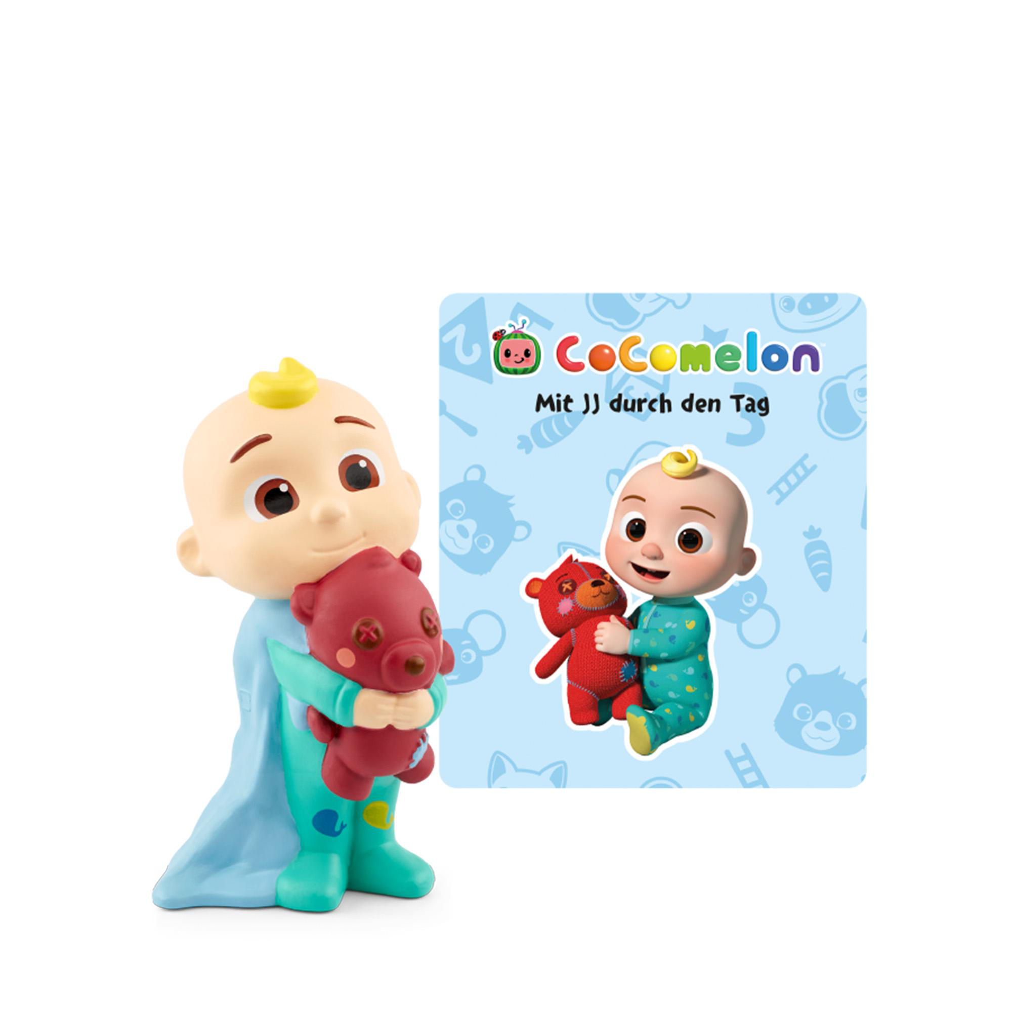 JJ Figur hält Teddybär, Cocomelon-Logo und Illustrationen auf blauem Hintergrund.