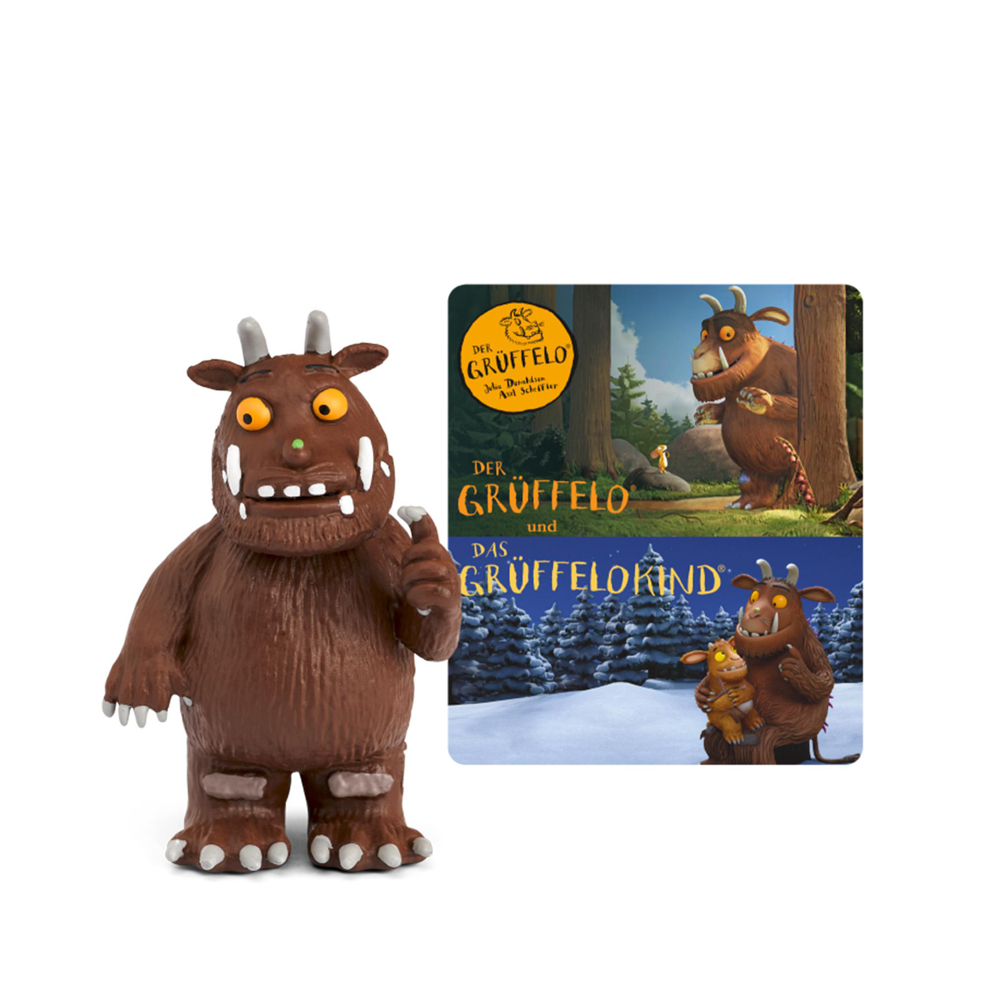 Eine braune Gruffalo-Figur steht neben Buchcovern mit Gruffalo-Illustrationen.