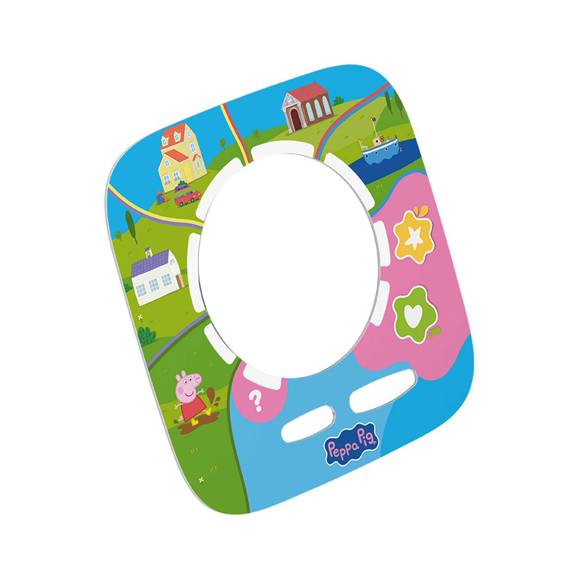 Peppa Wutz springt in Matschpfütze; Häuser, Boot, Regenbogen, Blumen.