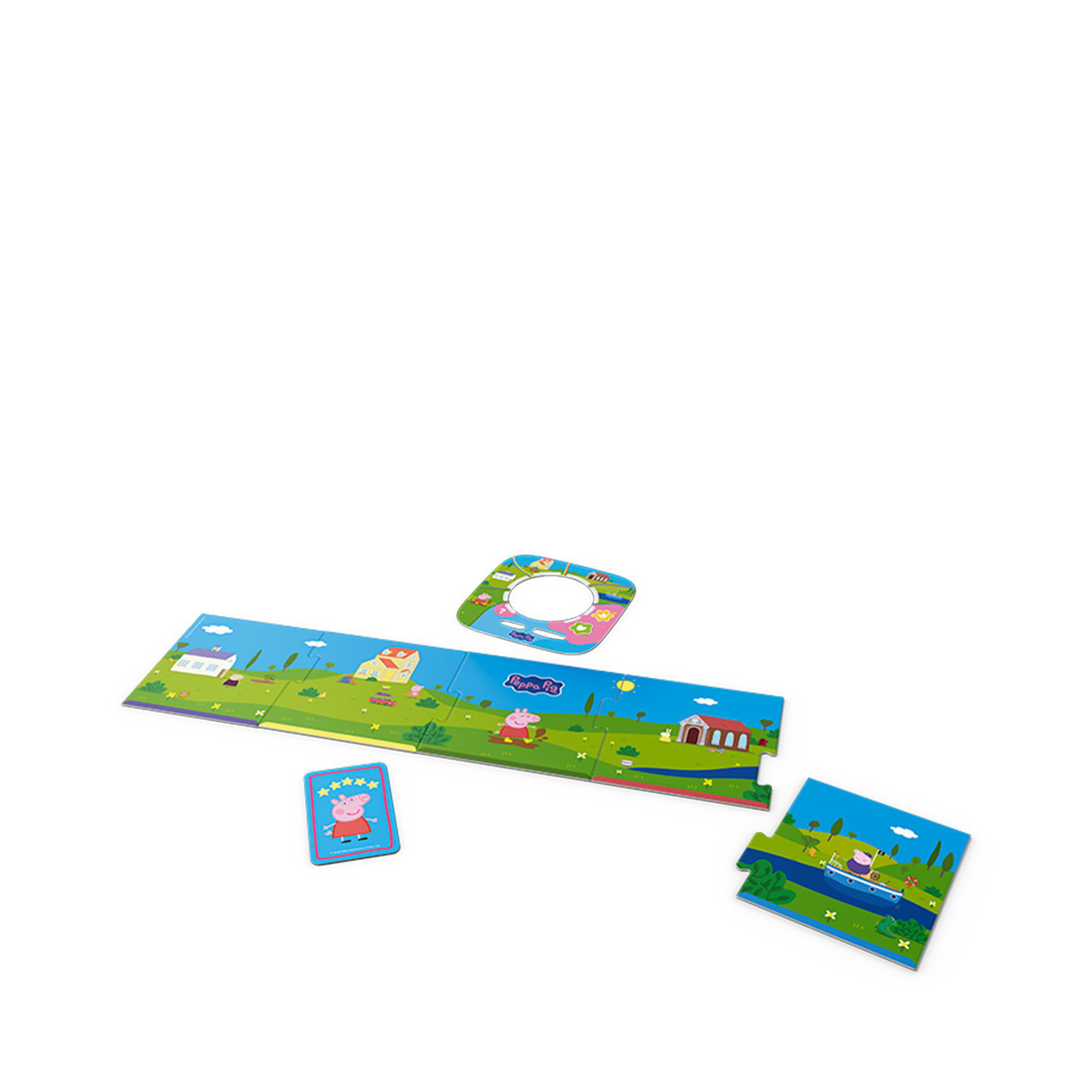 Peppa Wutz Puzzle Teile mit Häusern, Boot und Karte auf weißem Hintergrund.