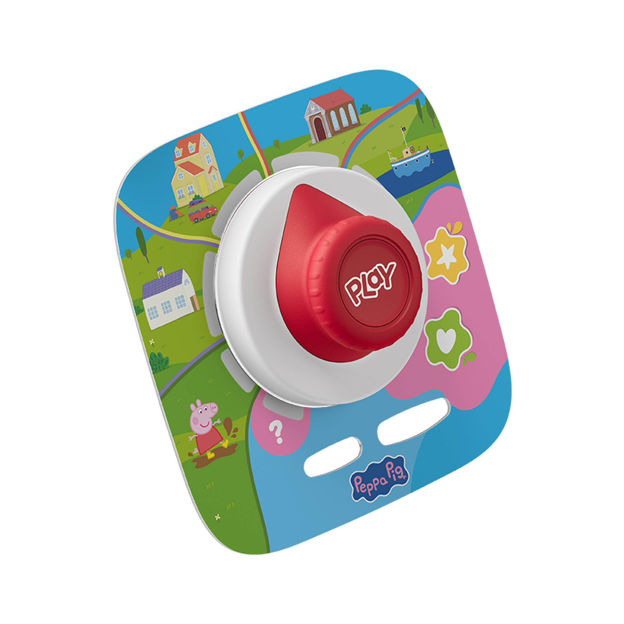 Ein Spielzeug mit Peppa Wutz, Häusern, Auto und Boot auf farbenfroher Karte.