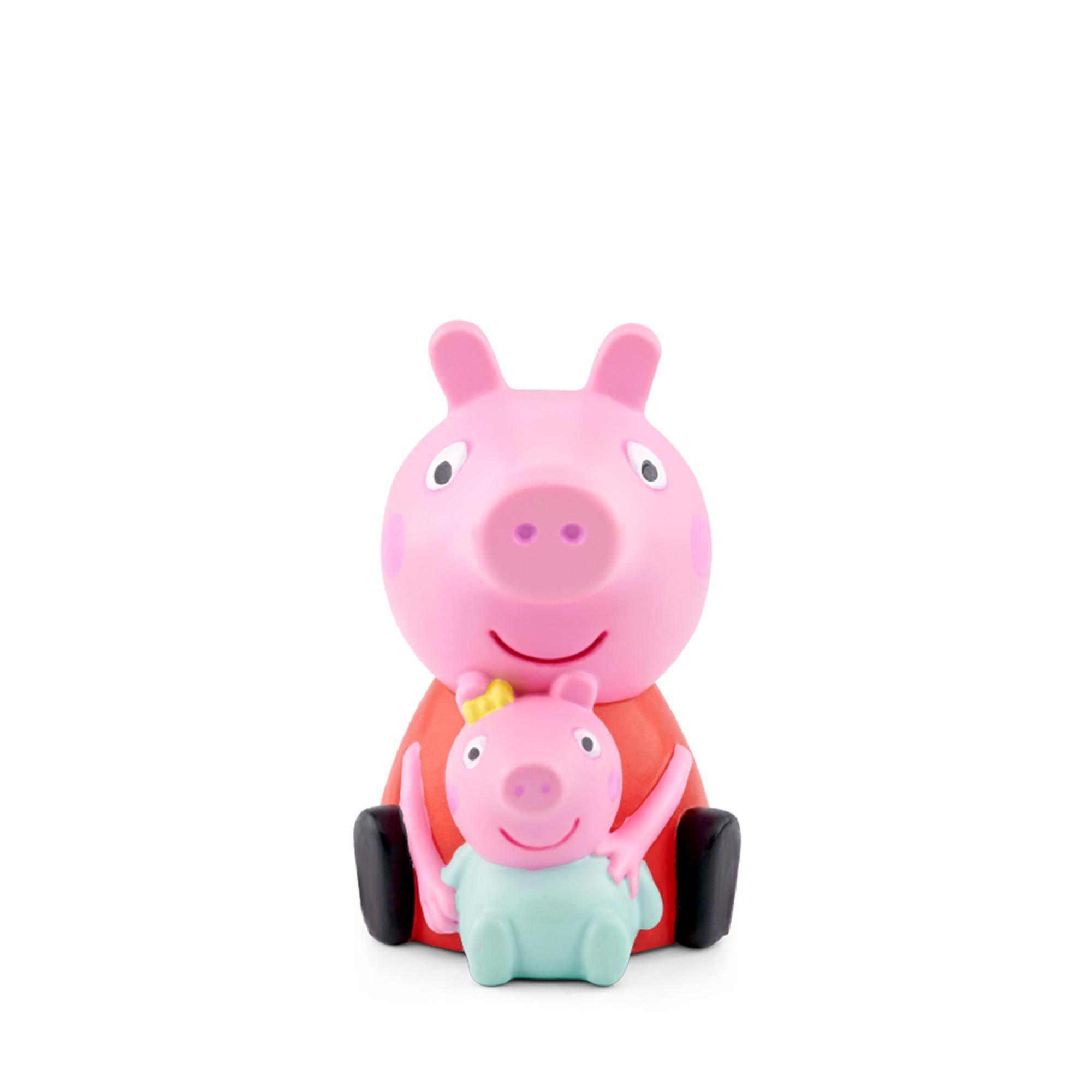 Zwei rosa Schweinefiguren, eine größere sitzt hinter einer kleineren.