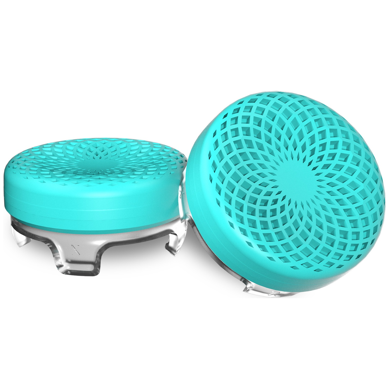 Deux capuchons de joystick bleu sarcelle avec motif en treillis sur supports clairs.