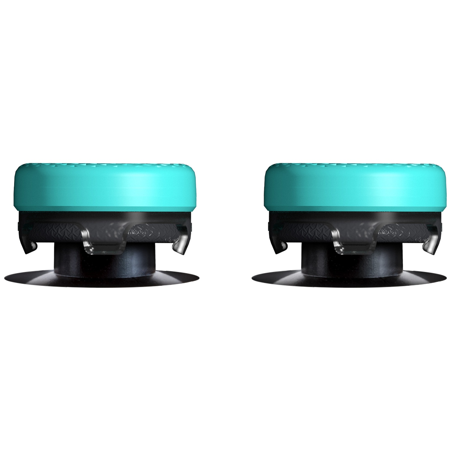 Deux capuchons de joystick bleu sarcelle avec bases noires sur fond blanc.