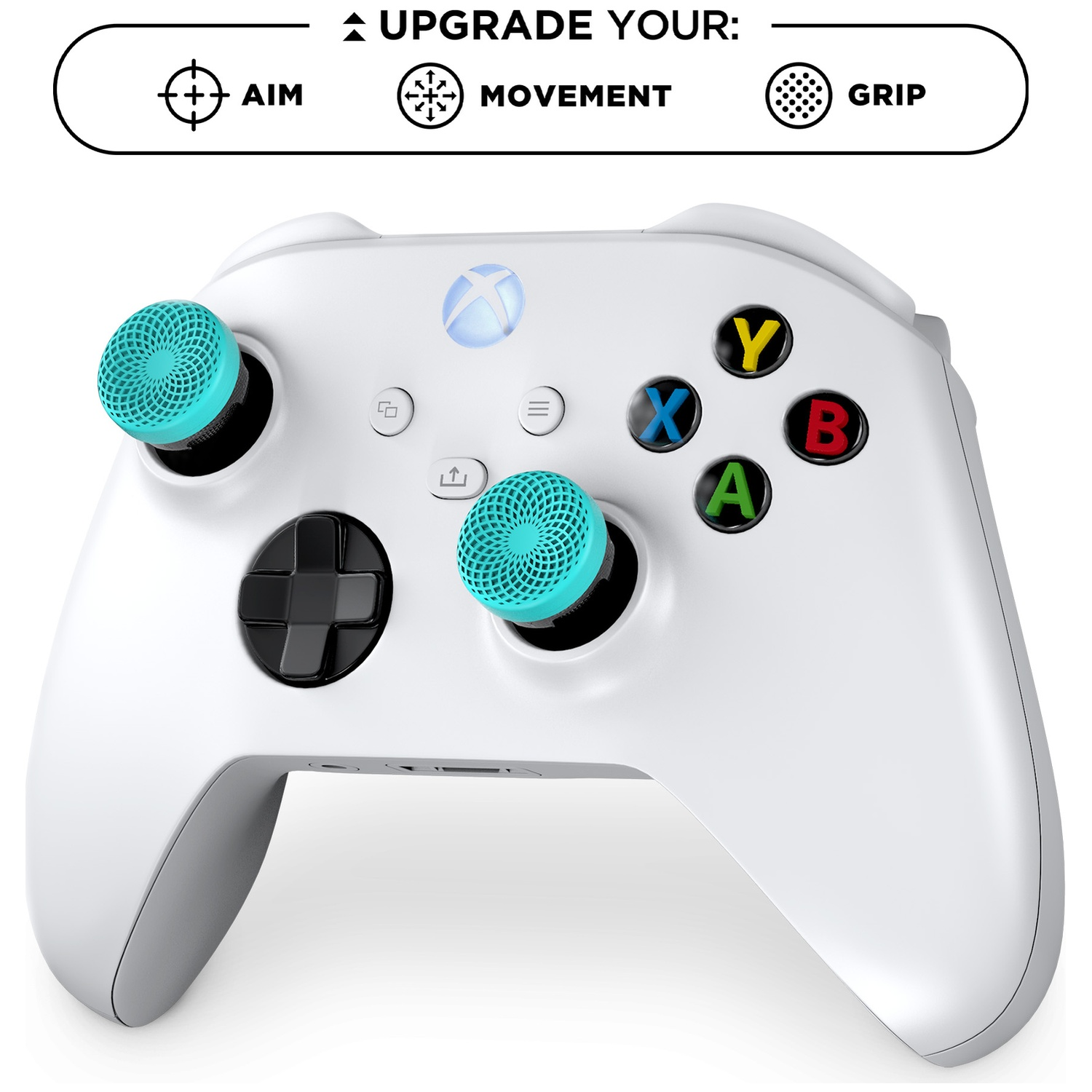 Une manette Xbox blanche avec des grips bleus pour joystick et des icônes pour viser, bouger et agripper.