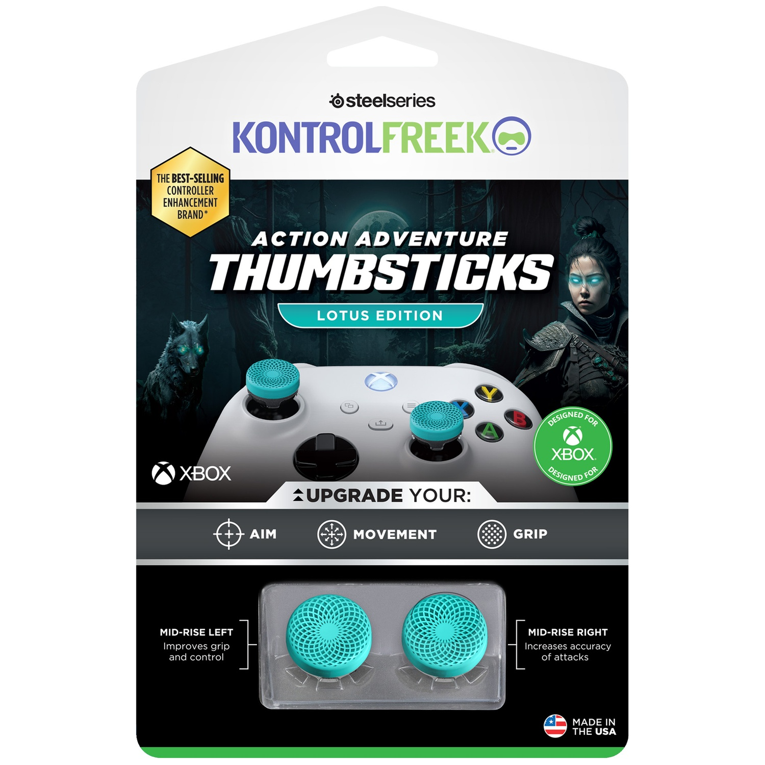 Emballage de joysticks Xbox avec image stylisée d'une femme et d'un loup.