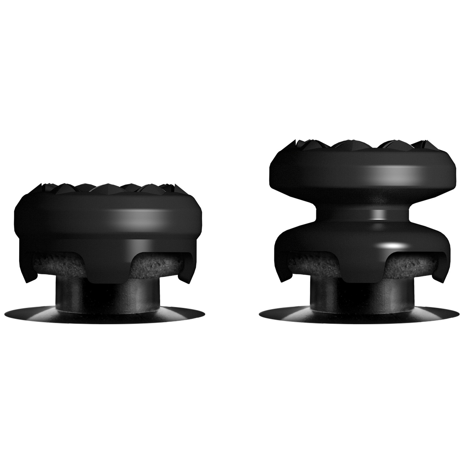 Two black, textured thumbstick grips on a white background.