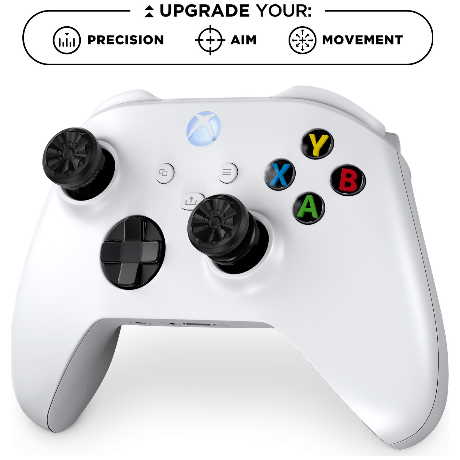 A white Xbox controller with black thumbsticks and colorful buttons.