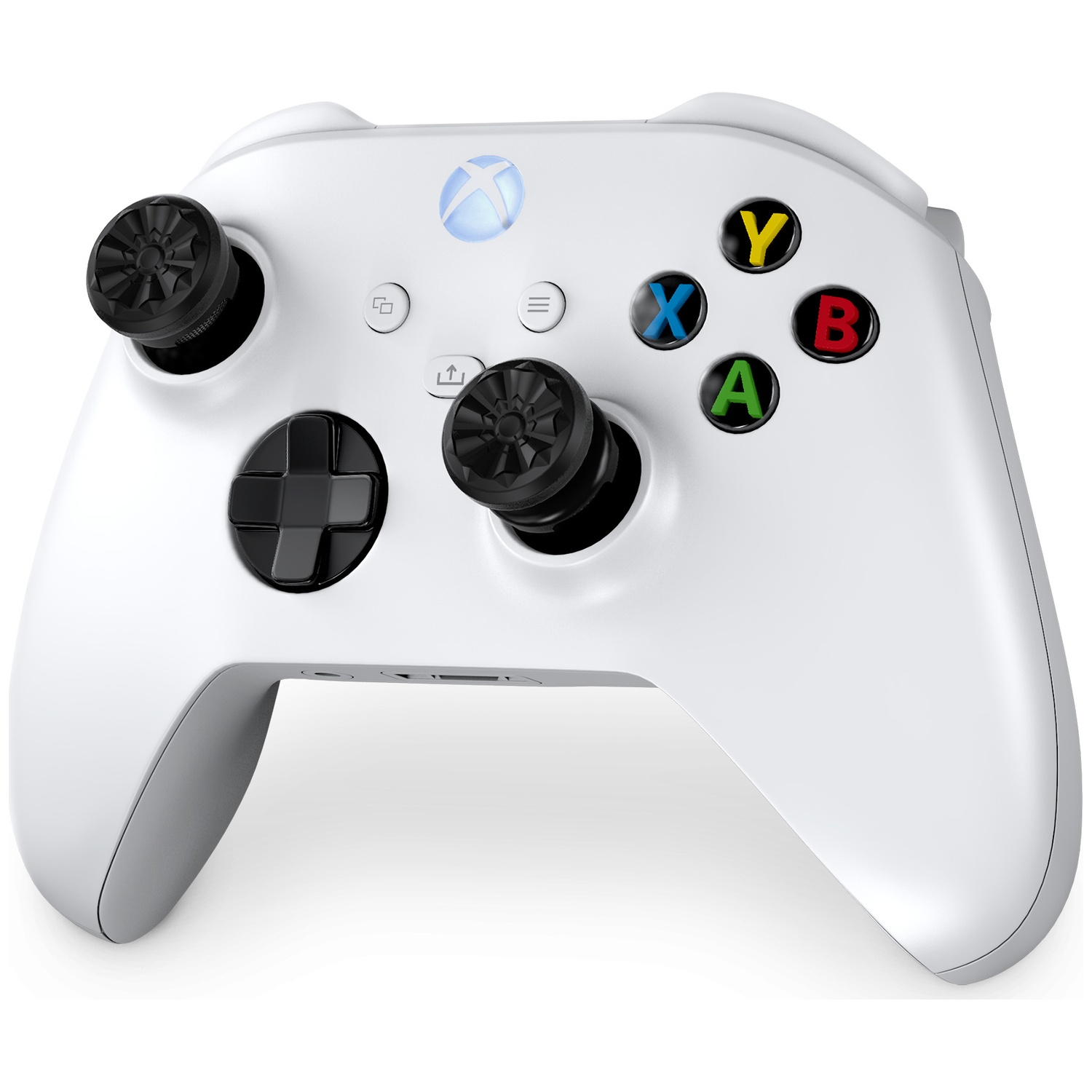 A white Xbox controller with black joysticks and colored buttons.