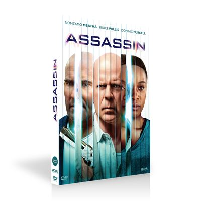 Affiche de film avec trois visages, dont Bruce Willis, et le titre ASSASSIN.