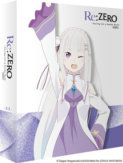 Emilia uit Re:Zero zwaait met opgeheven arm, draagt een paars-witte jurk.