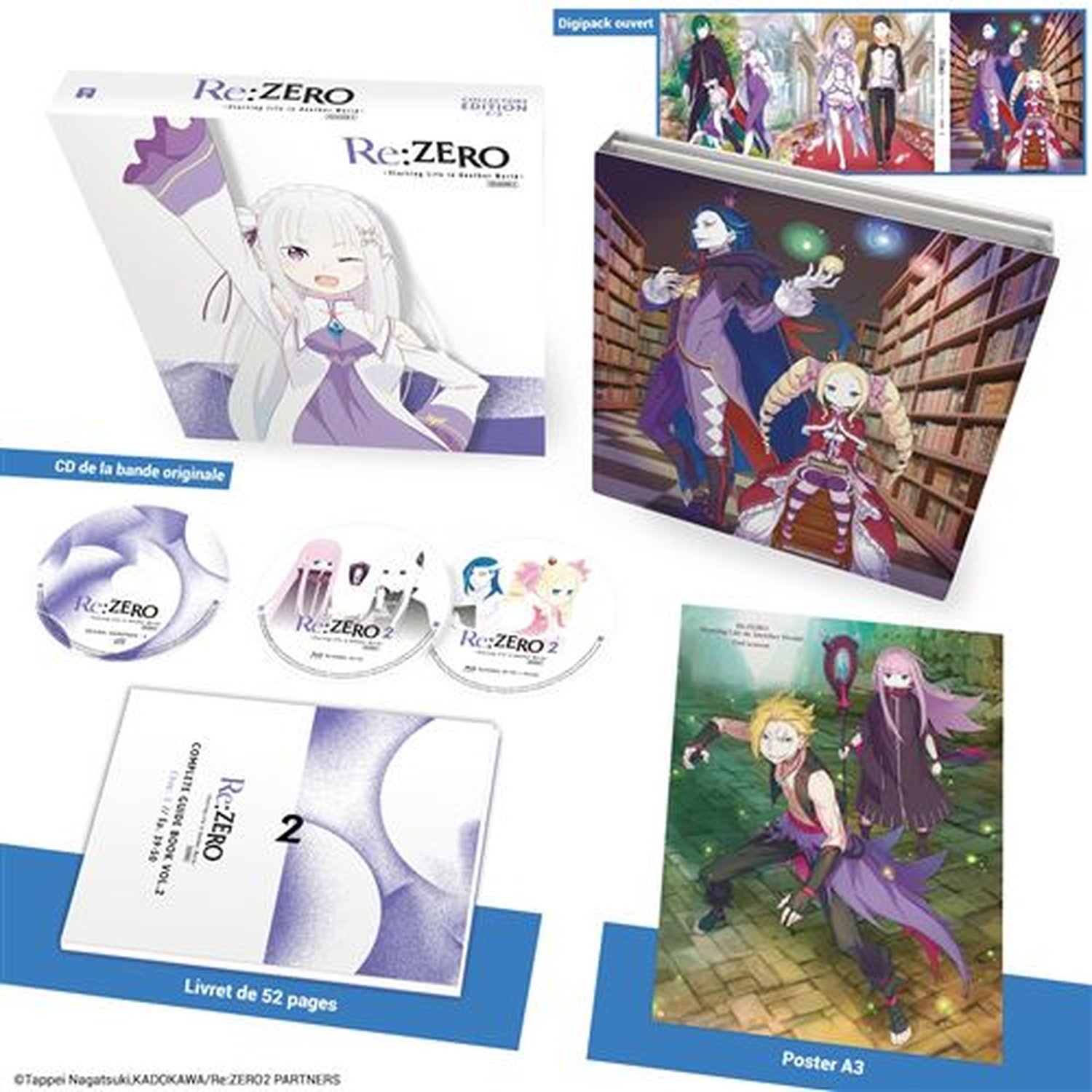 Re:ZERO collector's box met anime-personages, cd's, een gids en een poster.