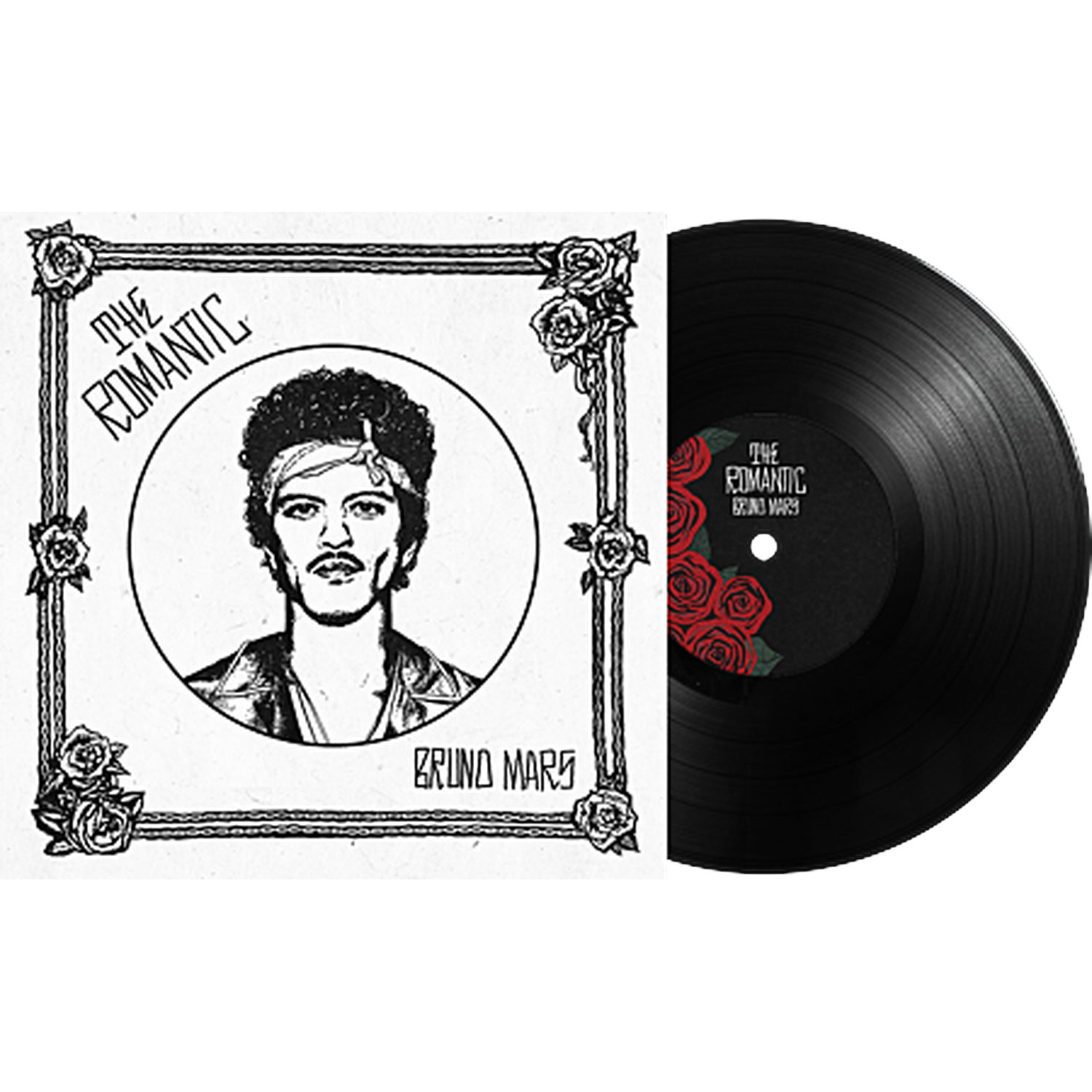 Vinylplaat naast albumhoes met portret van Bruno Mars en rozen.