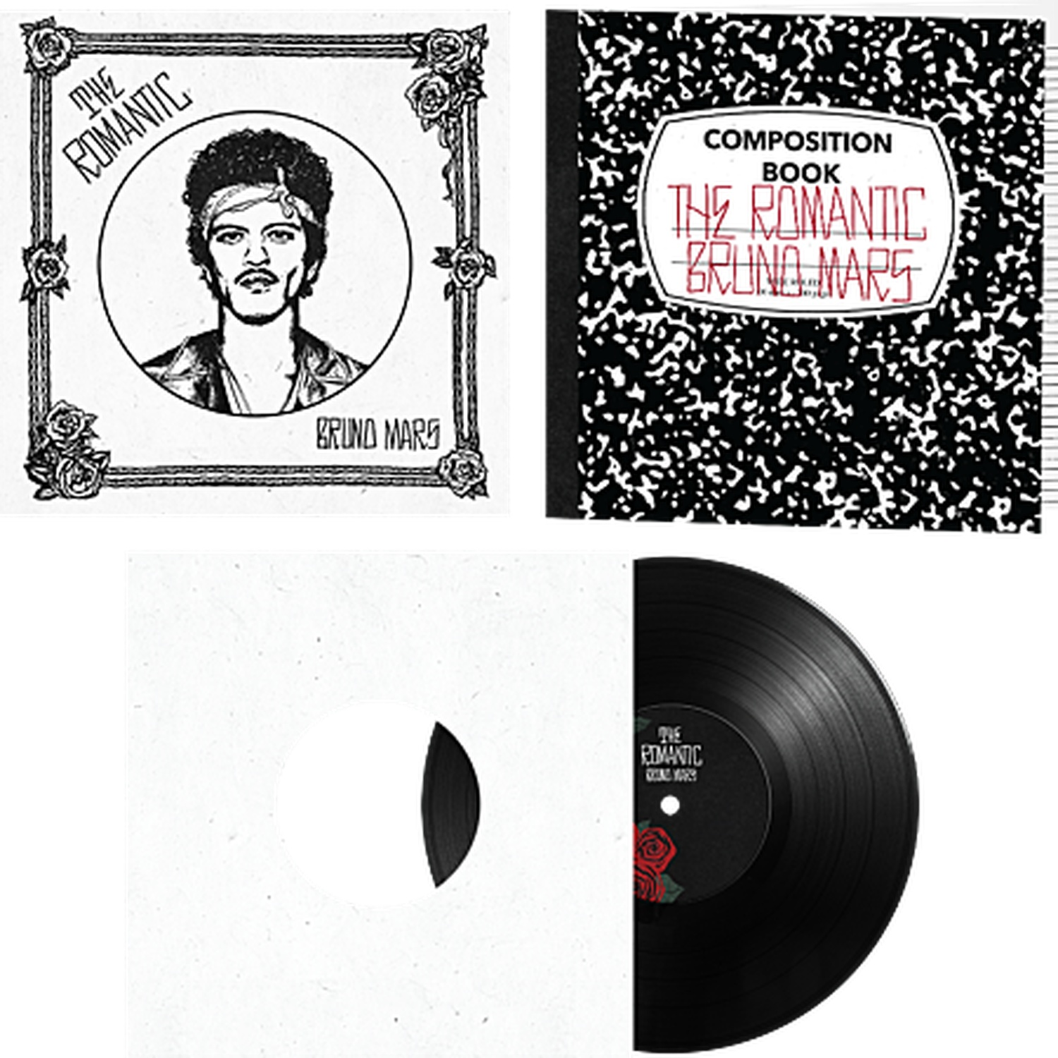 Illustratie van Bruno Mars, compositieboek en plaat met rozen.