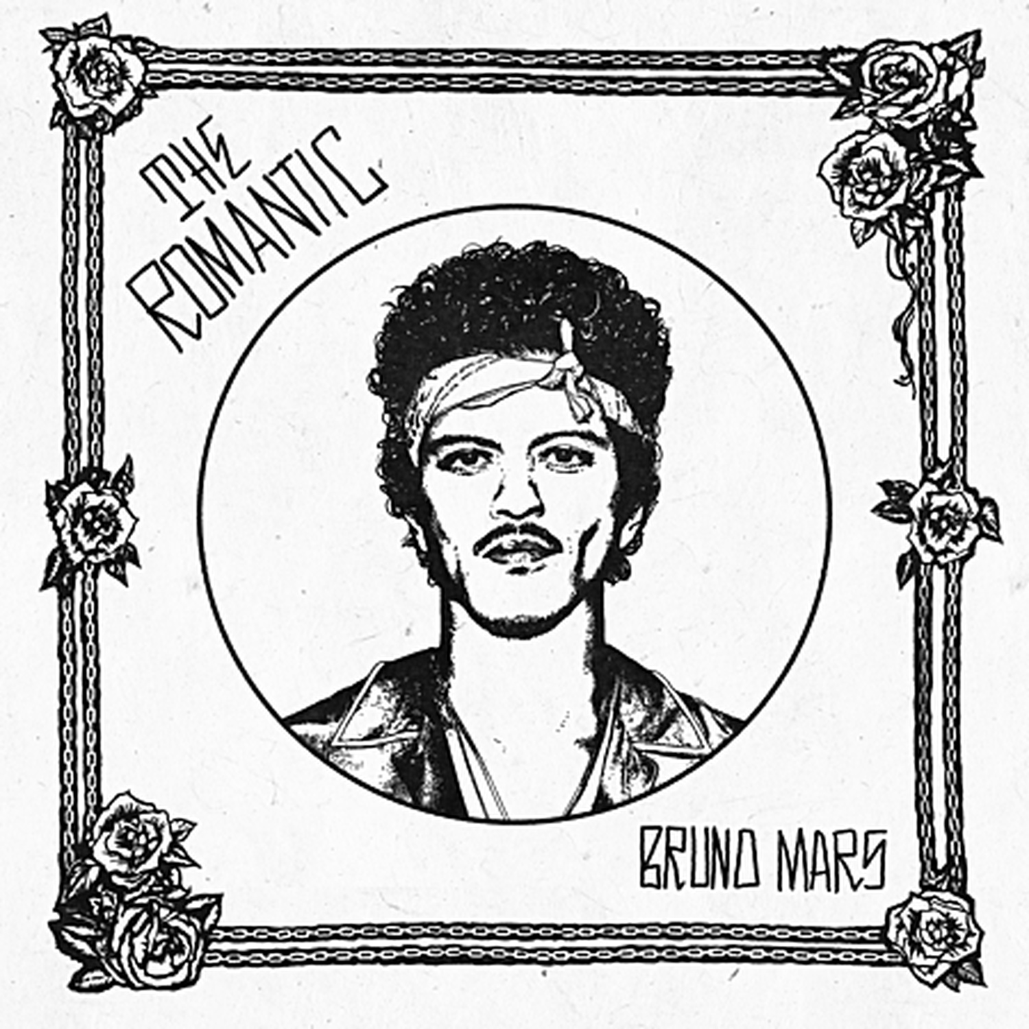 Portret van Bruno Mars met bandana, omlijst door rozen en kettingen. Titel: The Romantic.