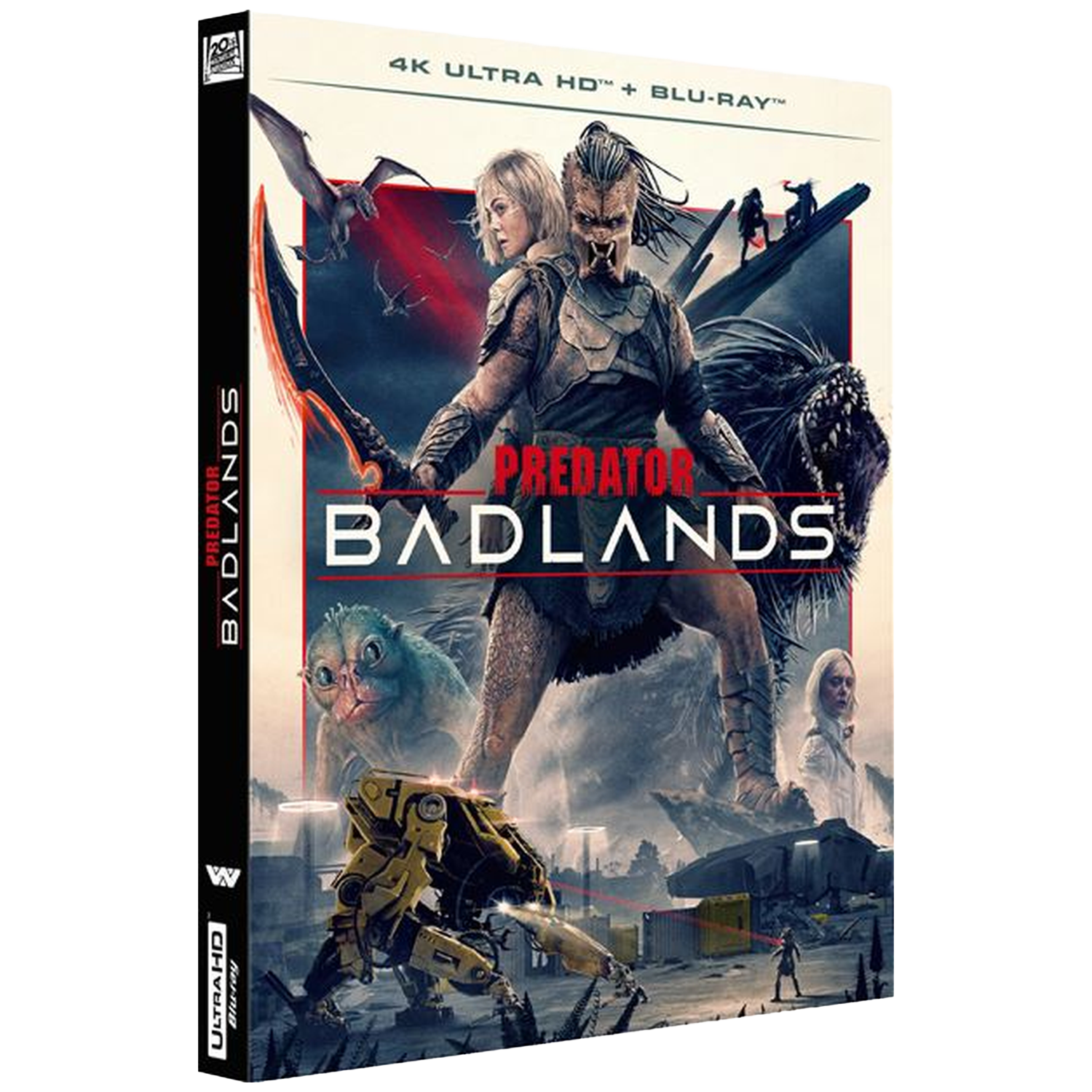 Couverture de film : Guerrier à tête de prédateur, femme, monstre et robot.