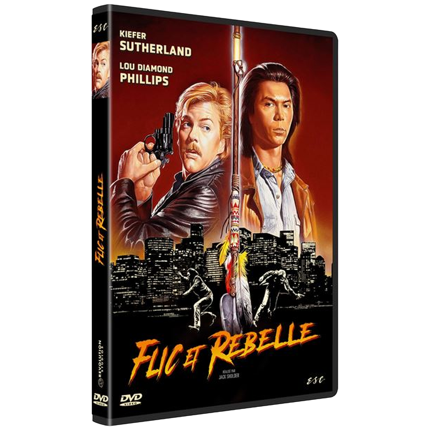 Couverture DVD avec Kiefer Sutherland et Lou Diamond Phillips, paysage urbain.