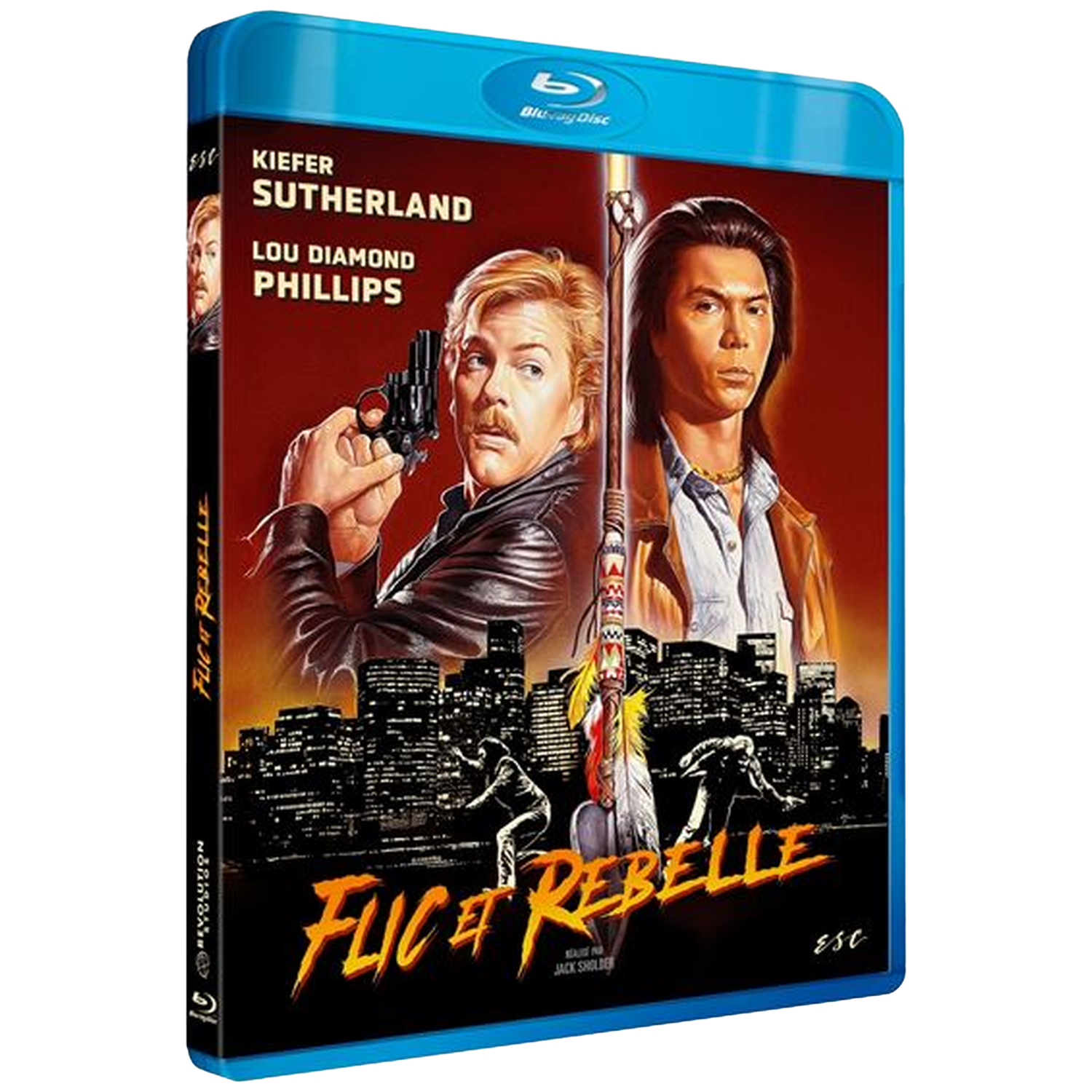 Blu-ray hoes met Kiefer Sutherland en Lou Diamond Phillips, stadsgezicht op achtergrond.
