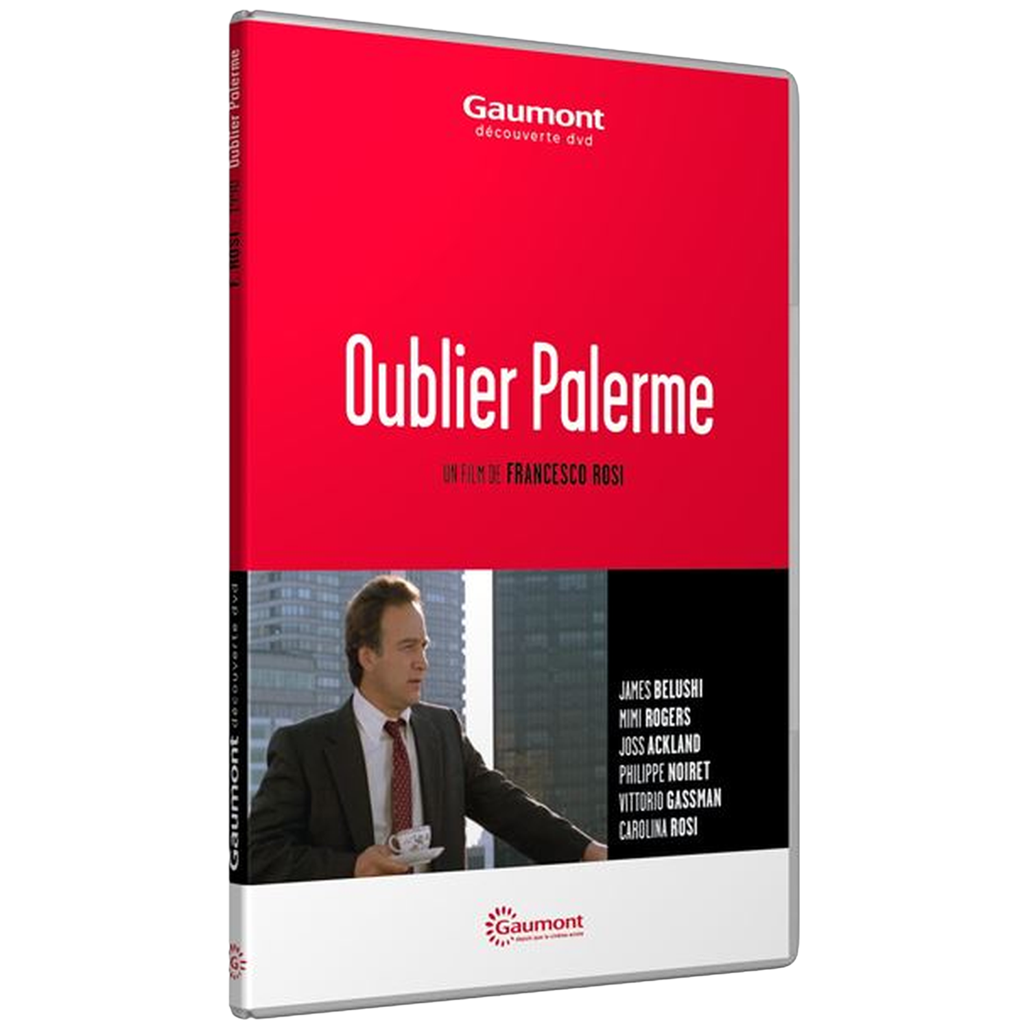 Couverture DVD "Oublier Palerme" : un homme en costume tenant une tasse à café.