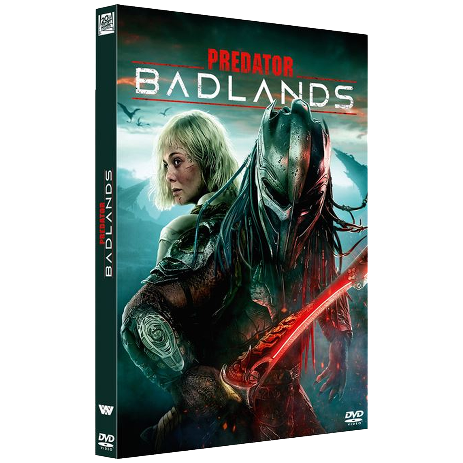 DVD-hoes: Vrouw en Predator met rood zwaard, titel 'Predator Badlands'.