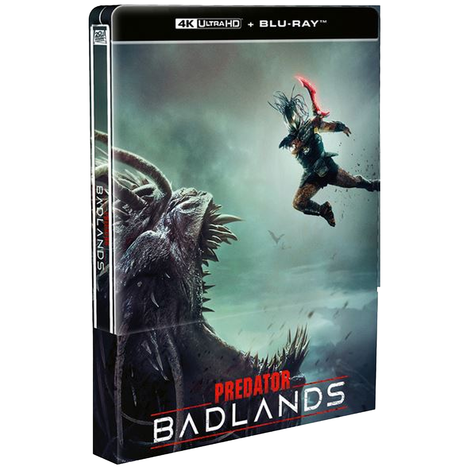Un Predator saute avec une lame rouge contre un monstre géant. Blu-ray 4K UHD.
